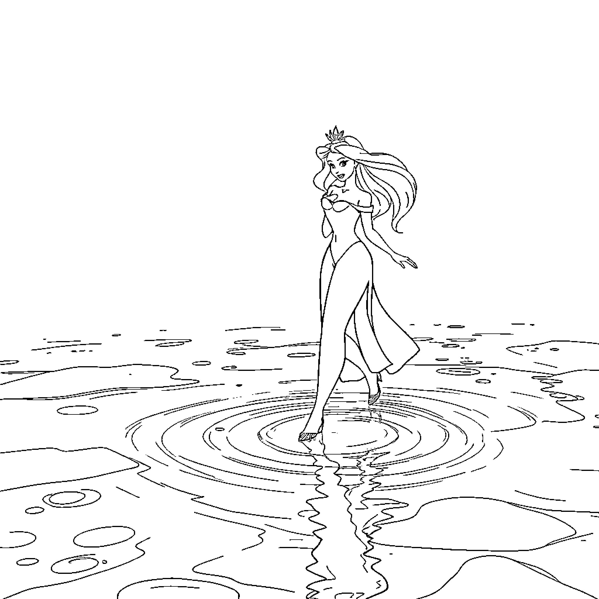 Disney Princess wading gracefully in the water Coloring Page (free black-and-white line drawing printable PDF for all, from beginners to advanced learners, including children, teens, adults, and seniors)