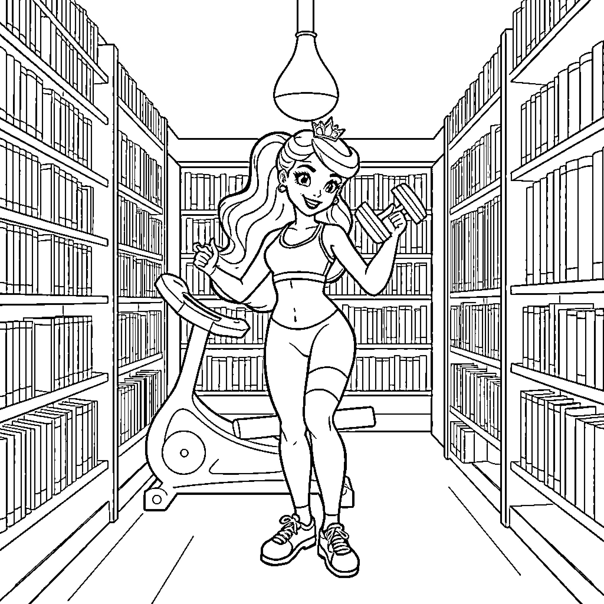 Princess Working Out in the Library Coloring Page (free black-and-white line drawing printable PDF for all, from beginners to advanced learners, including children, teens, adults, and seniors)
