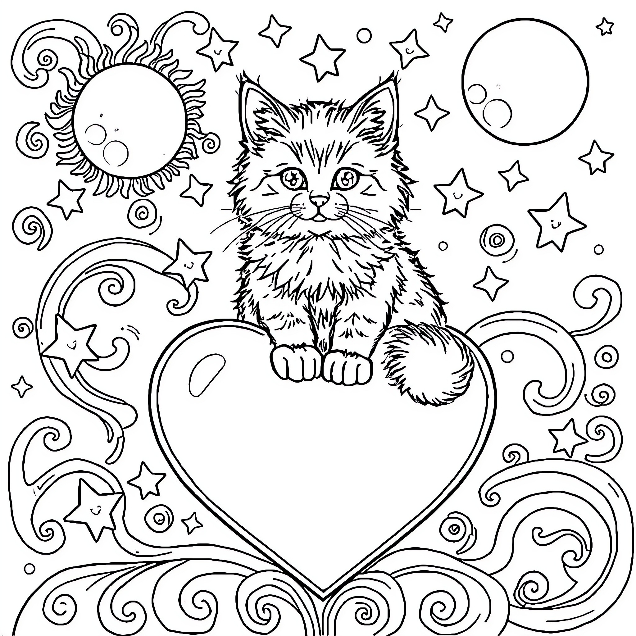 Cat with Celestial Elements Coloring Page (free black-and-white line drawing printable PDF for all, from beginners to advanced learners, including children, teens, adults, and seniors)