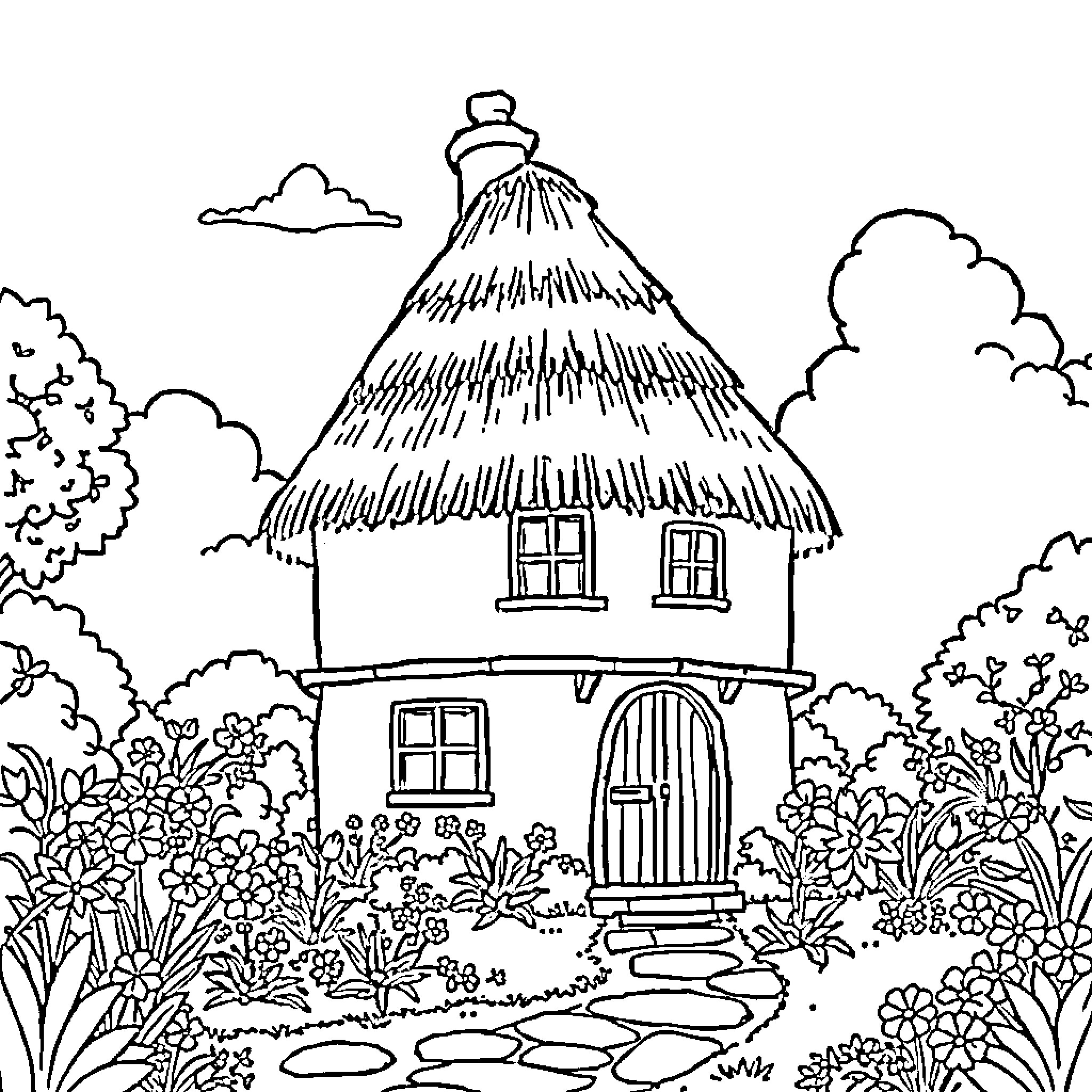 Cat Cottage in Enchanted Forest Coloring Page (free black-and-white line drawing printable PDF for all, from beginners to advanced learners, including children, teens, adults, and seniors)