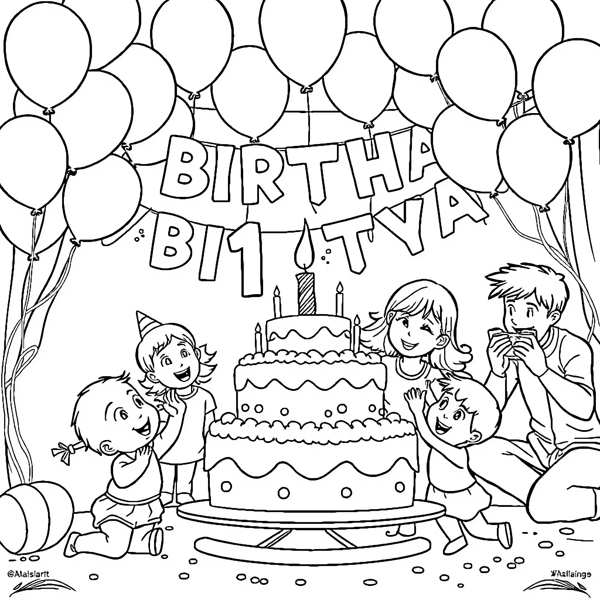 Birthday Party with Balloons and Cake Coloring Page (free black-and-white line drawing printable PDF for all, from beginners to advanced learners, including children, teens, adults, and seniors)