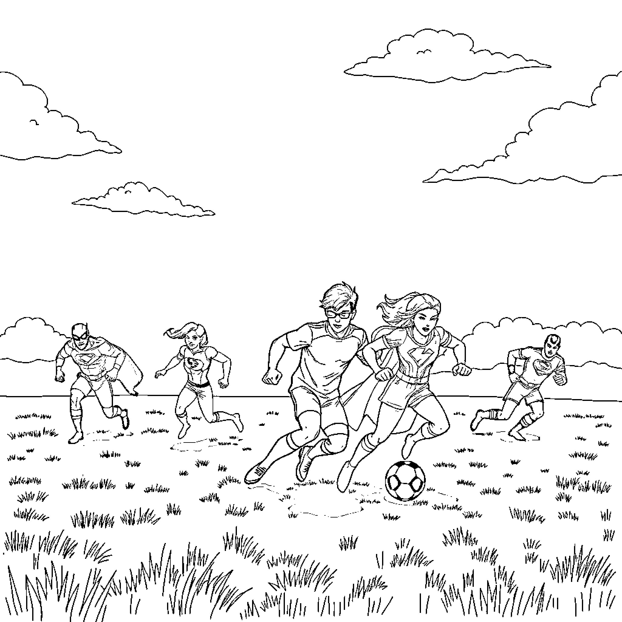 Superhero team playing soccer in the field Coloring Page (free black-and-white line drawing printable PDF for all, from beginners to advanced learners, including children, teens, adults, and seniors)