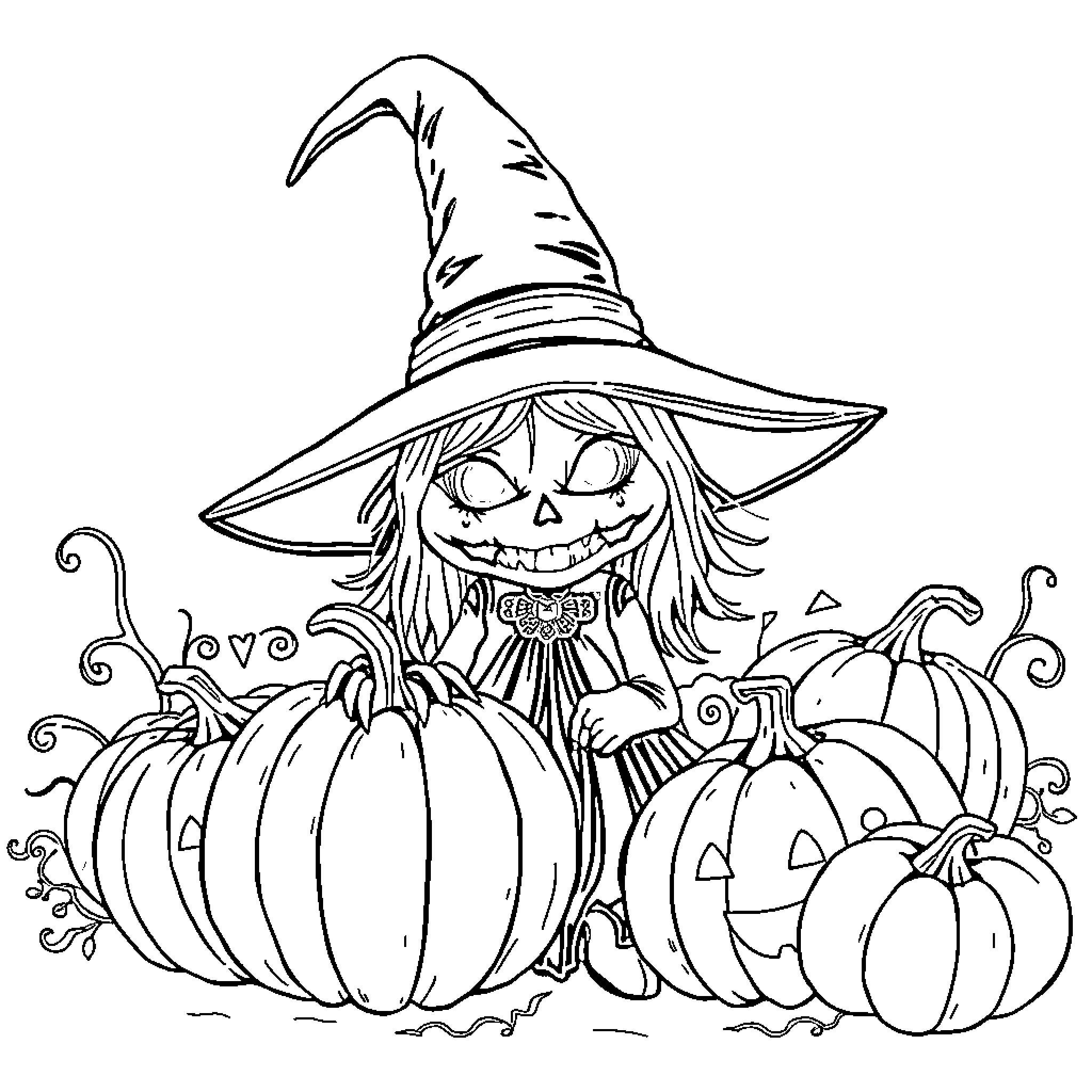 Pumpkin patch with a mischievous witch Coloring Page (free black-and-white line drawing printable PDF for all, from beginners to advanced learners, including children, teens, adults, and seniors)