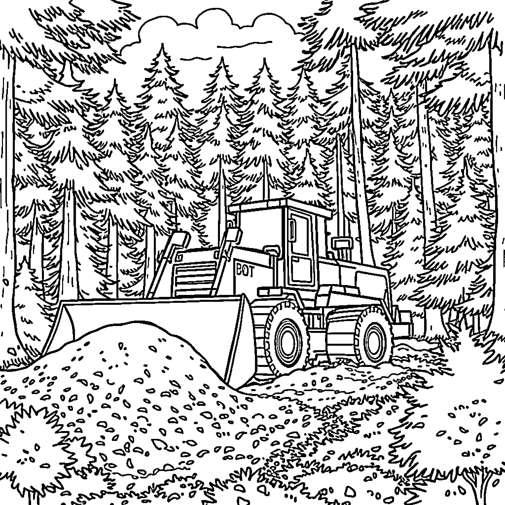 Bulldozer working in forested area Coloring Page (free black-and-white line drawing printable PDF for all, from beginners to advanced learners, including children, teens, adults, and seniors)