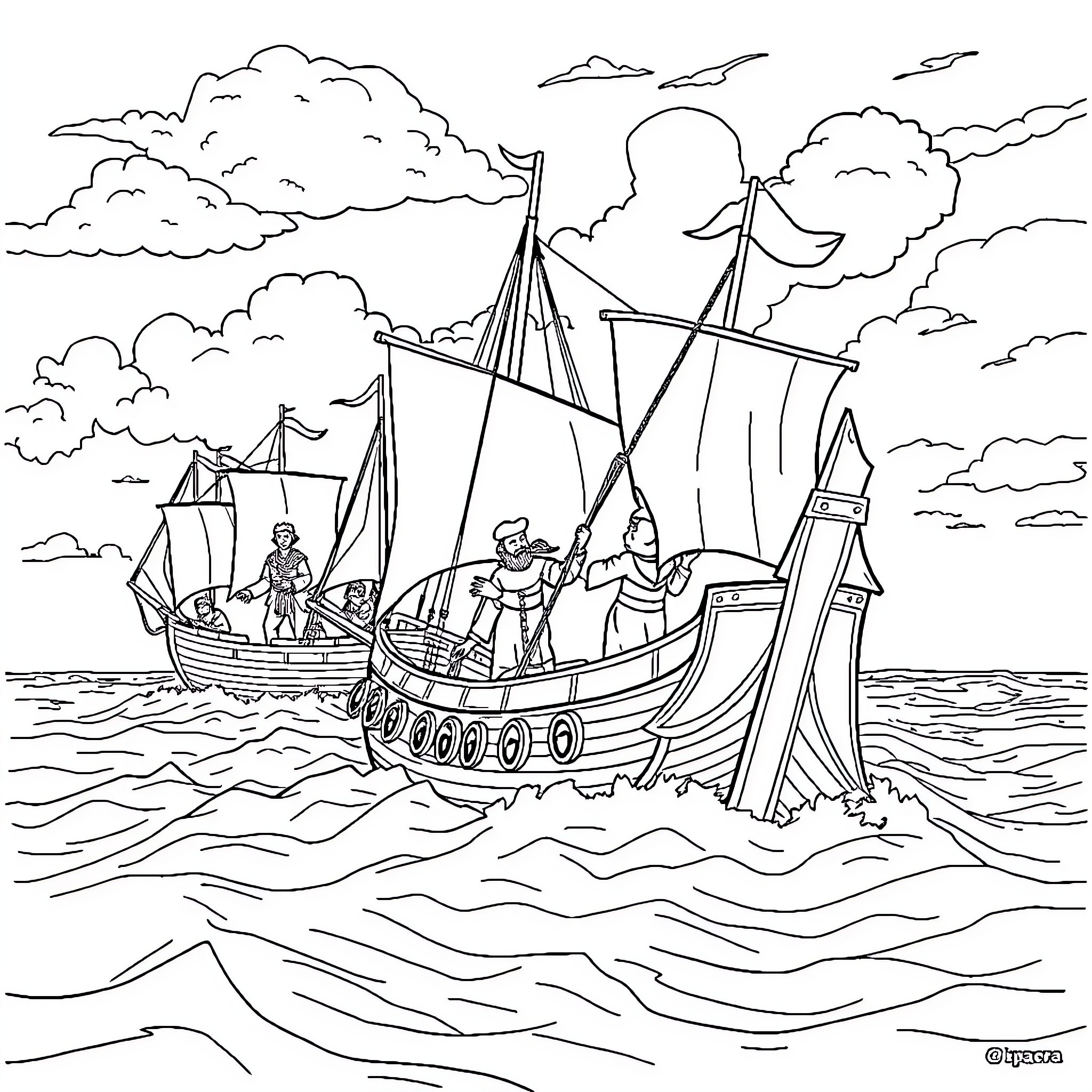 Explorer navigating the open seas on sailing ships Coloring Page (free black-and-white line drawing printable PDF for all, from beginners to advanced learners, including children, teens, adults, and seniors)