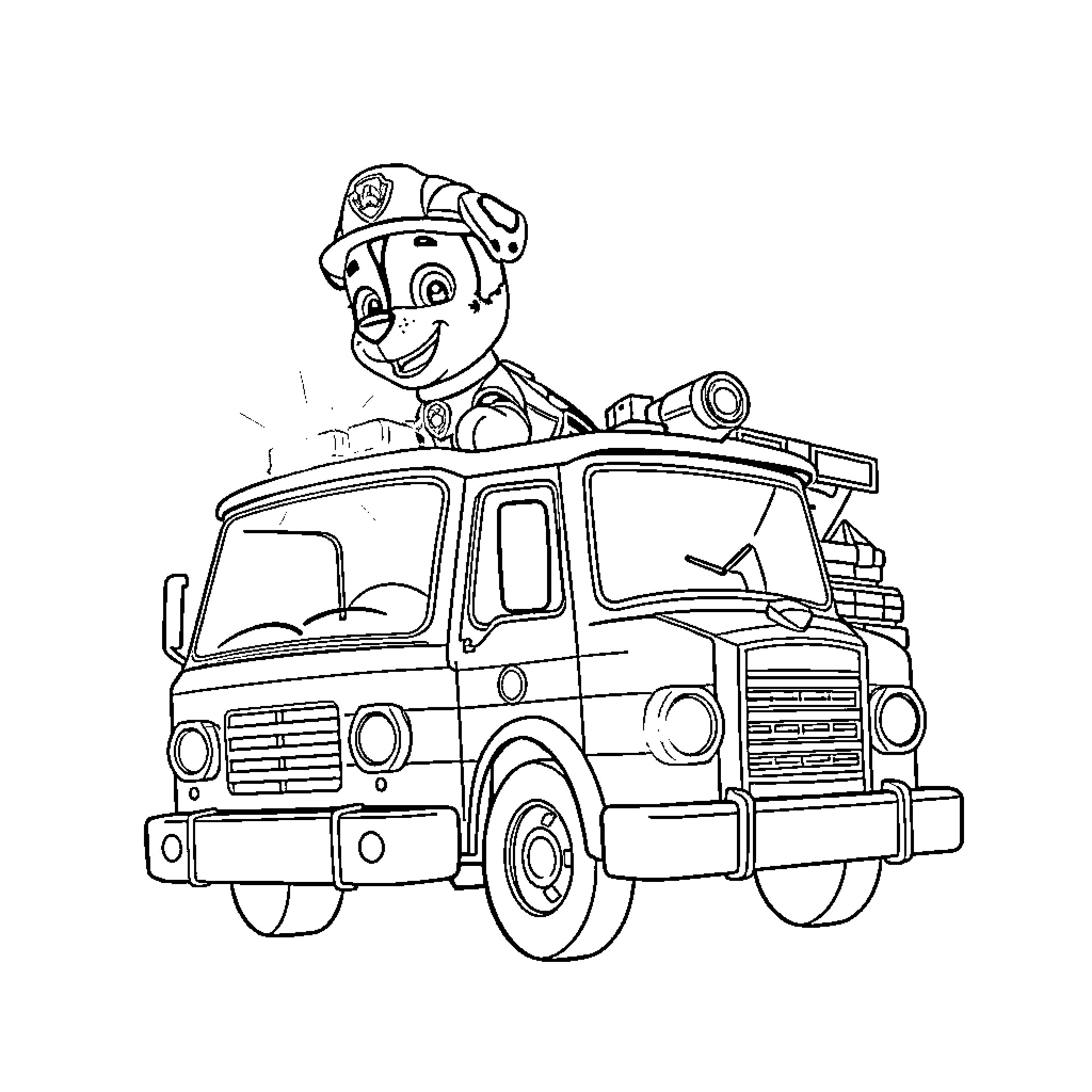 Marshall Riding Fire Truck with Enthusiasm Coloring Page (free black-and-white line drawing printable PDF for all, from beginners to advanced learners, including children, teens, adults, and seniors)