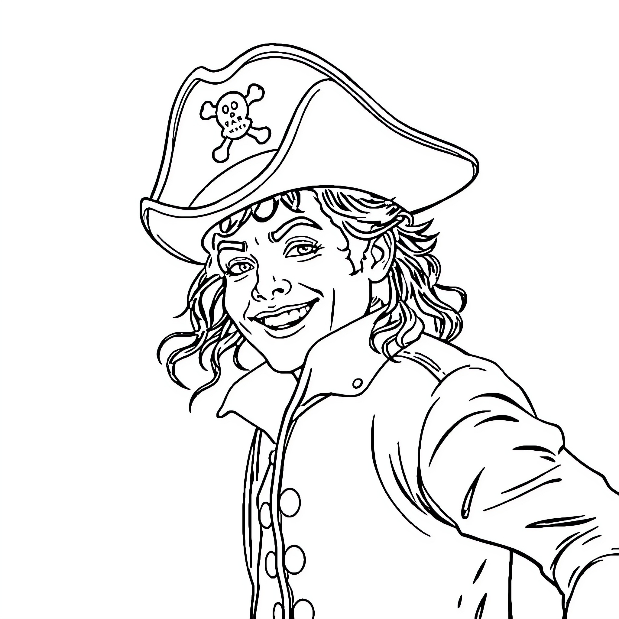 Mickael Jackson as a smiling pirate Coloring Page (free black-and-white line drawing printable PDF for all, from beginners to advanced learners, including children, teens, adults, and seniors)