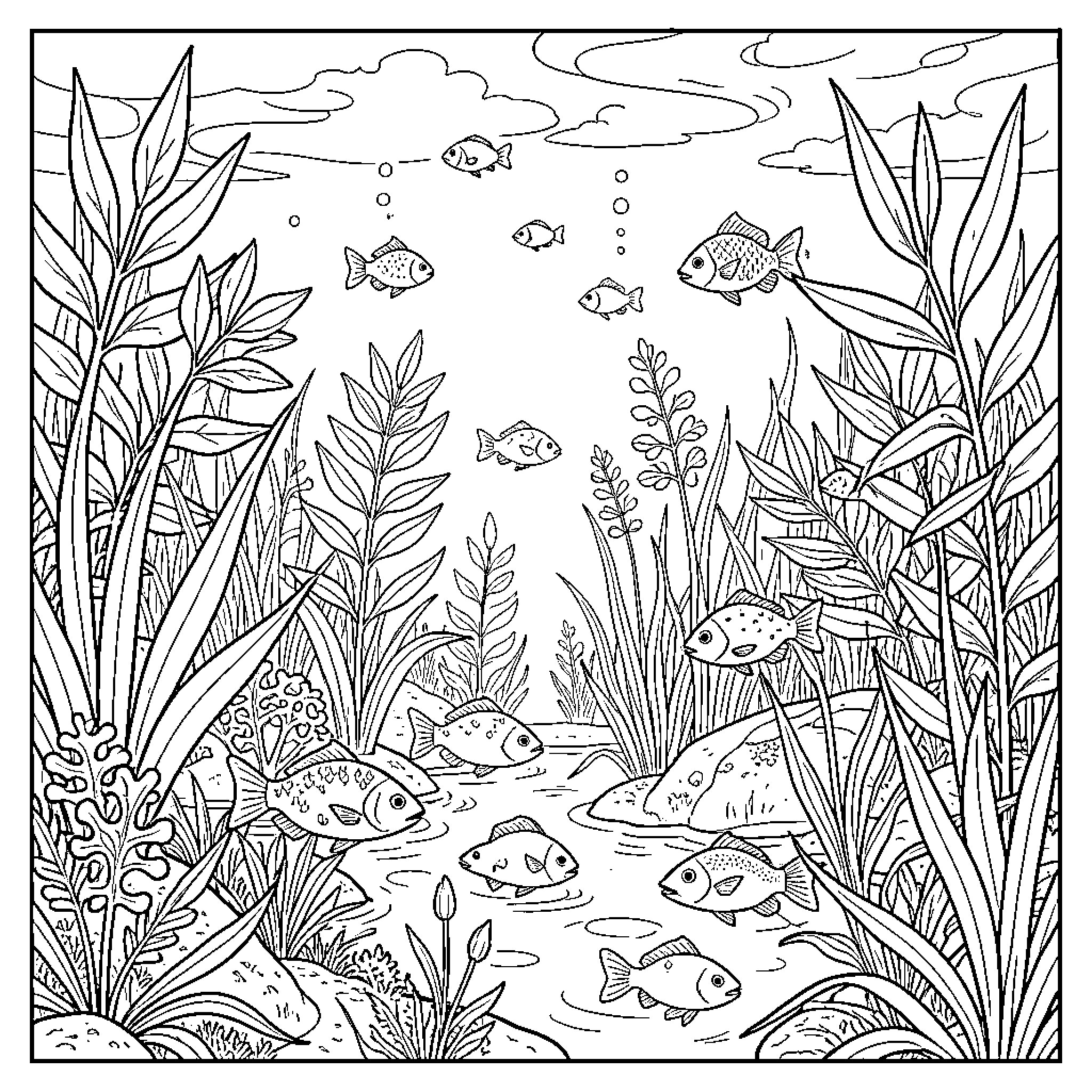 Aquatic Ecosystem with many fish swimming among plants Coloring Page (free black-and-white line drawing printable PDF for all, from beginners to advanced learners, including children, teens, adults, and seniors)