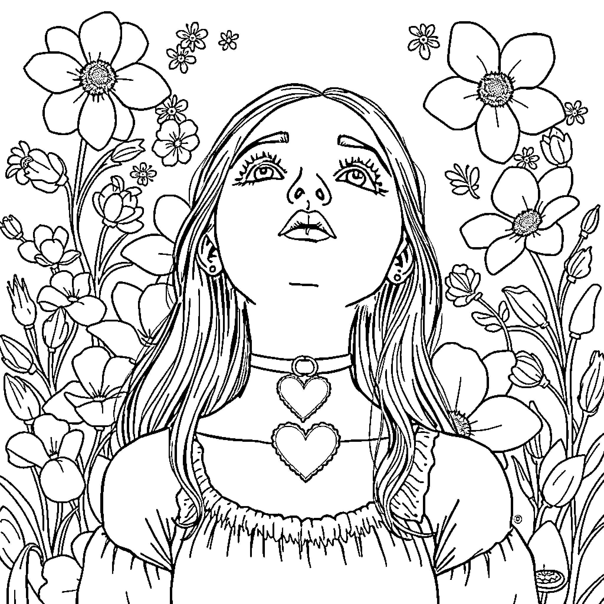 Girl in a field of flowers Coloring Page (free black-and-white line drawing printable PDF for all, from beginners to advanced learners, including children, teens, adults, and seniors)