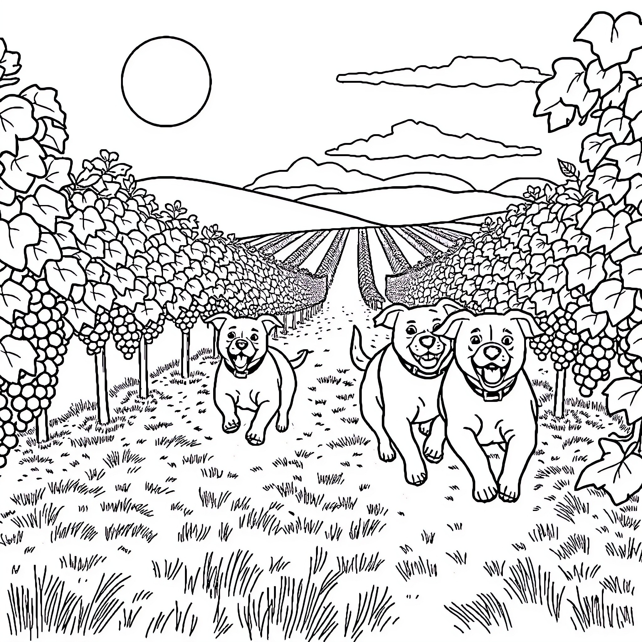 Dog family frolicking in the countryside Coloring Page (free black-and-white line drawing printable PDF for all, from beginners to advanced learners, including children, teens, adults, and seniors)