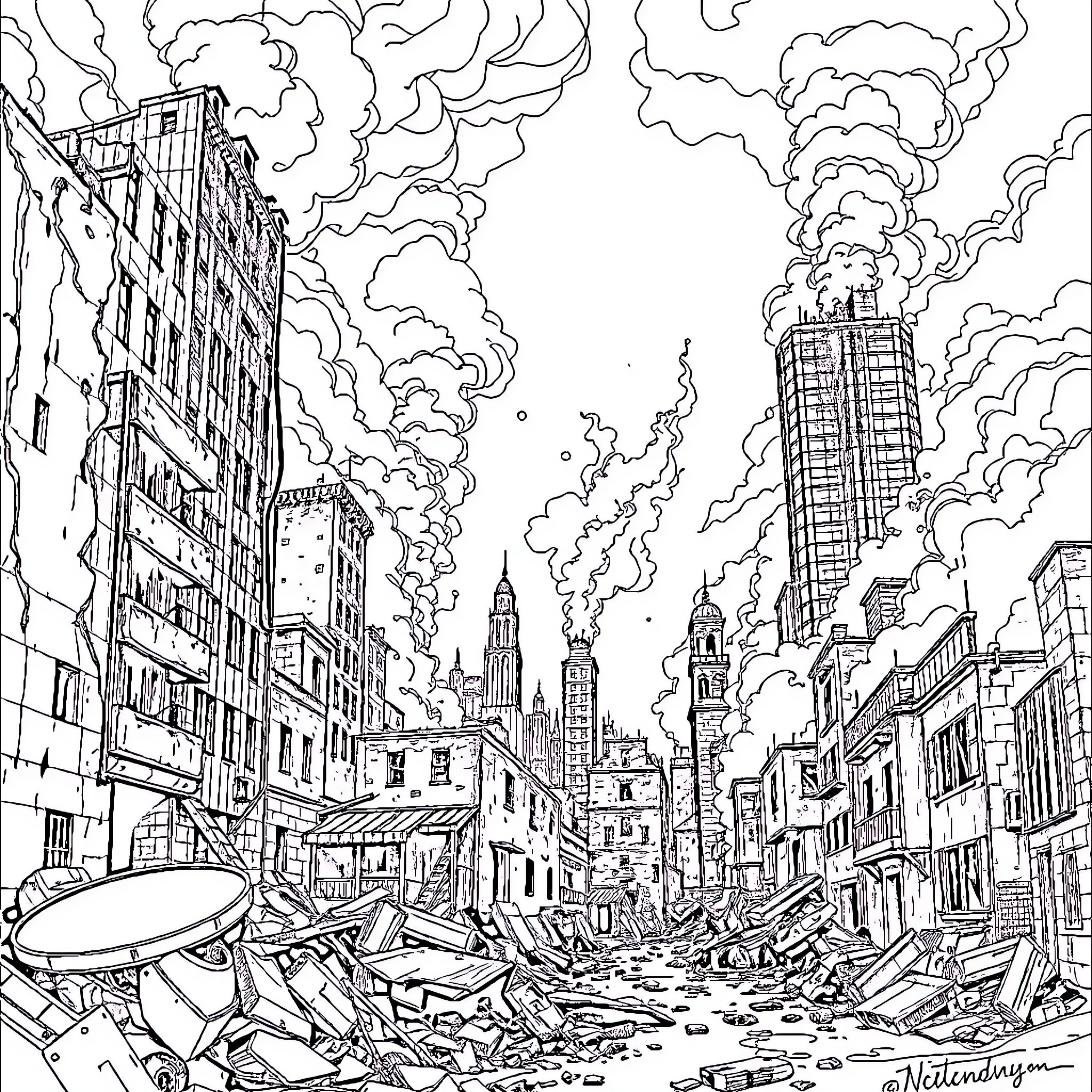 Dystopia - Ruins of a city in turmoil Coloring Page (free black-and-white line drawing printable PDF for all, from beginners to advanced learners, including children, teens, adults, and seniors)
