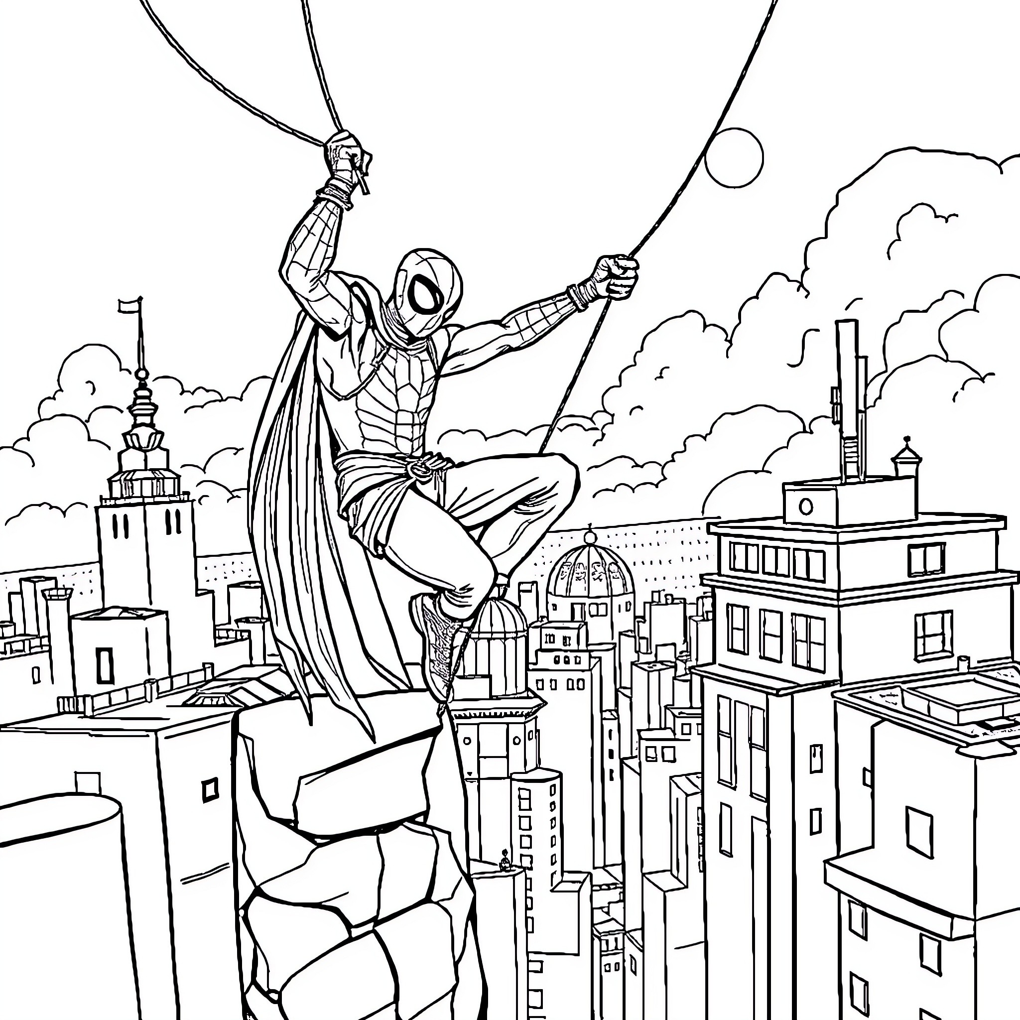 Spider-Man swinging through the city skyline Coloring Page (free black-and-white line drawing printable PDF for all, from beginners to advanced learners, including children, teens, adults, and seniors)