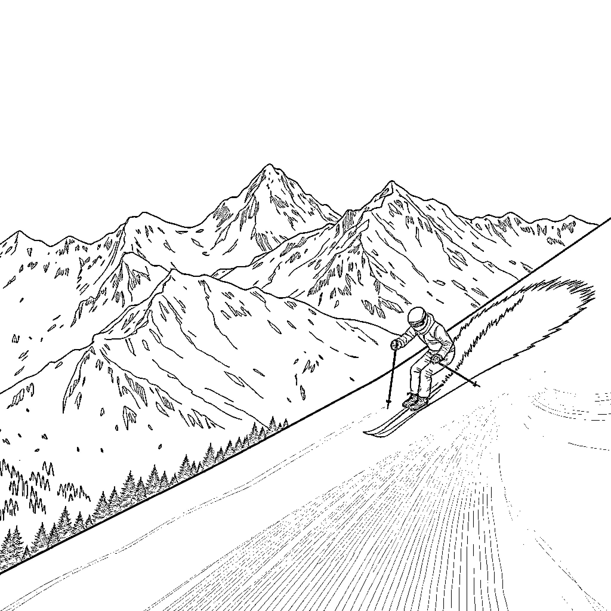 Ski down the majestic mountain slopes Coloring Page (free black-and-white line drawing printable PDF for all, from beginners to advanced learners, including children, teens, adults, and seniors)