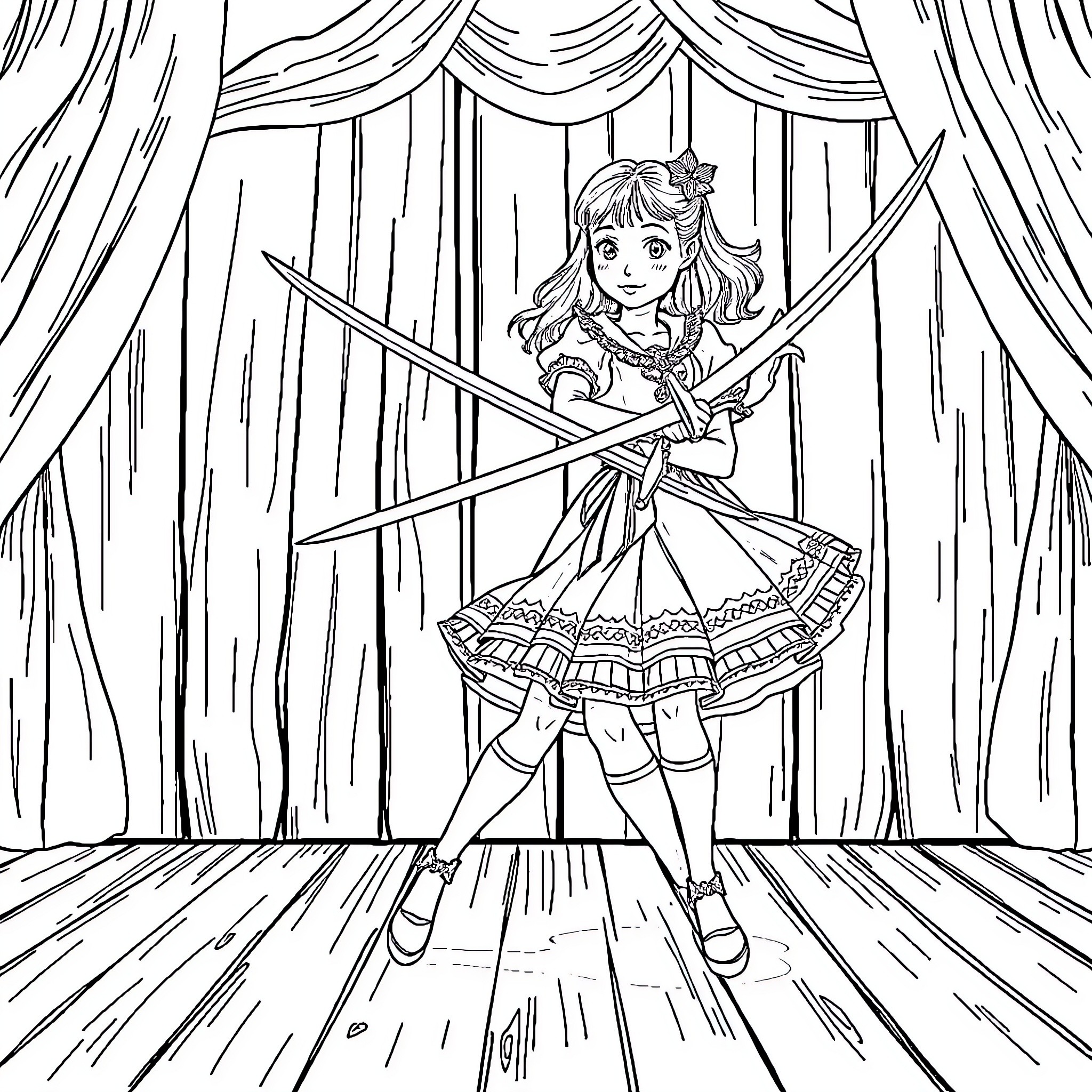 Dancer performing on stage with ornate dress Coloring Page (free black-and-white line drawing printable PDF for all, from beginners to advanced learners, including children, teens, adults, and seniors)