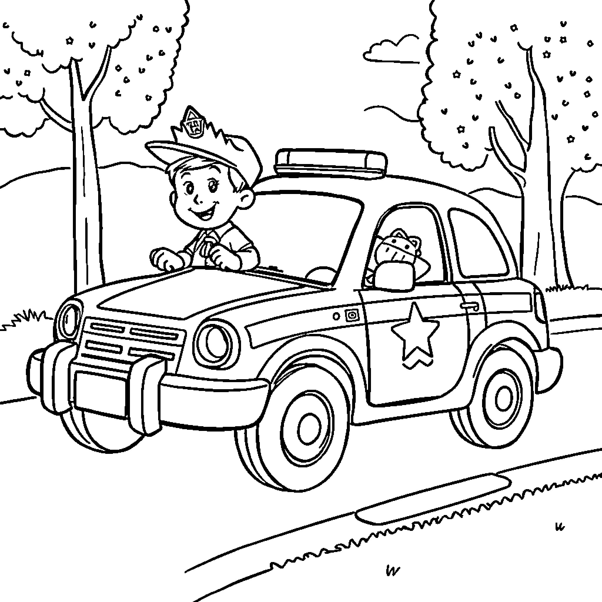Children playing with toy police car in the park Coloring Page (free black-and-white line drawing printable PDF for all, from beginners to advanced learners, including children, teens, adults, and seniors)