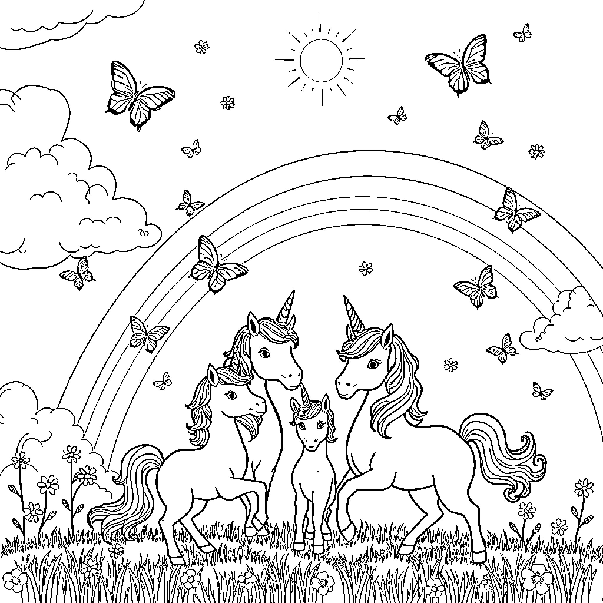 Unicorn family playing in a magical field Coloring Page (free black-and-white line drawing printable PDF for all, from beginners to advanced learners, including children, teens, adults, and seniors)
