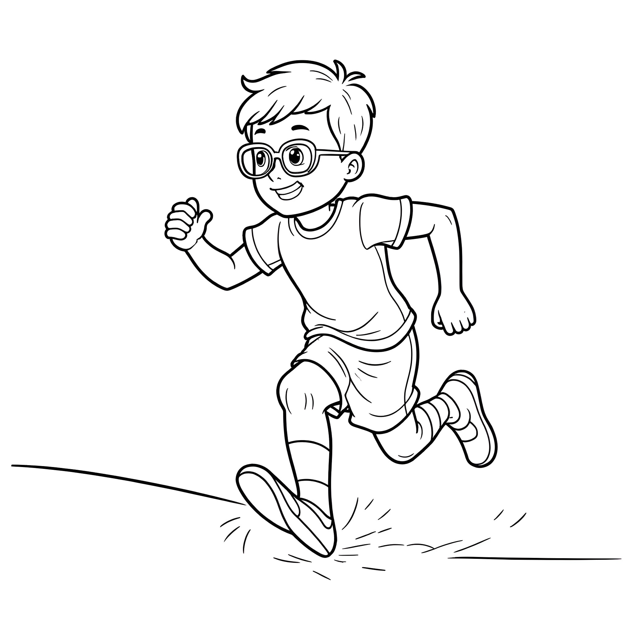 Boy happily running with enthusiasm Coloring Page (free black-and-white line drawing printable PDF for all, from beginners to advanced learners, including children, teens, adults, and seniors)