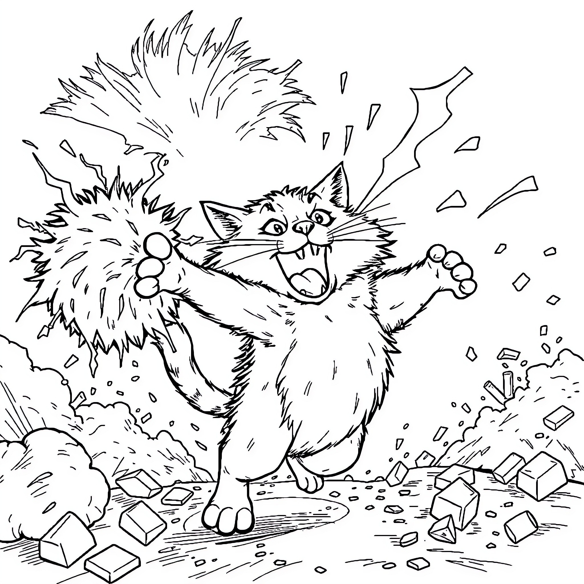 Cat in a comical, frenzied scene Coloring Page (free black-and-white line drawing printable PDF for all, from beginners to advanced learners, including children, teens, adults, and seniors)