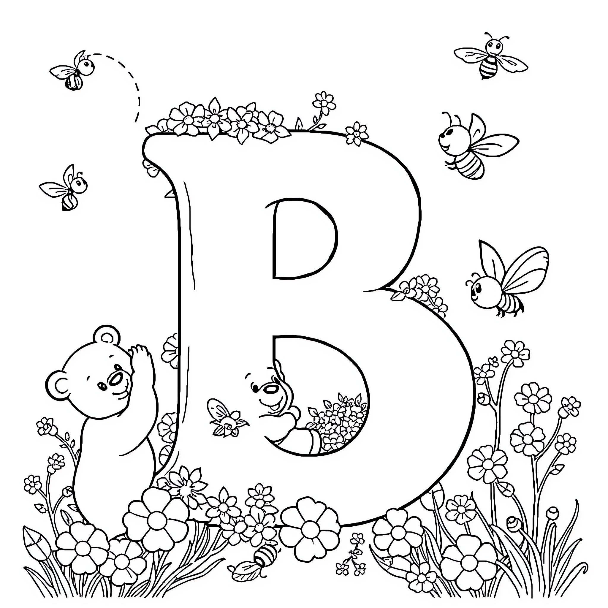 Bountiful Blooms and Buzzing Bees Coloring Page (free black-and-white line drawing printable PDF for all, from beginners to advanced learners, including children, teens, adults, and seniors)