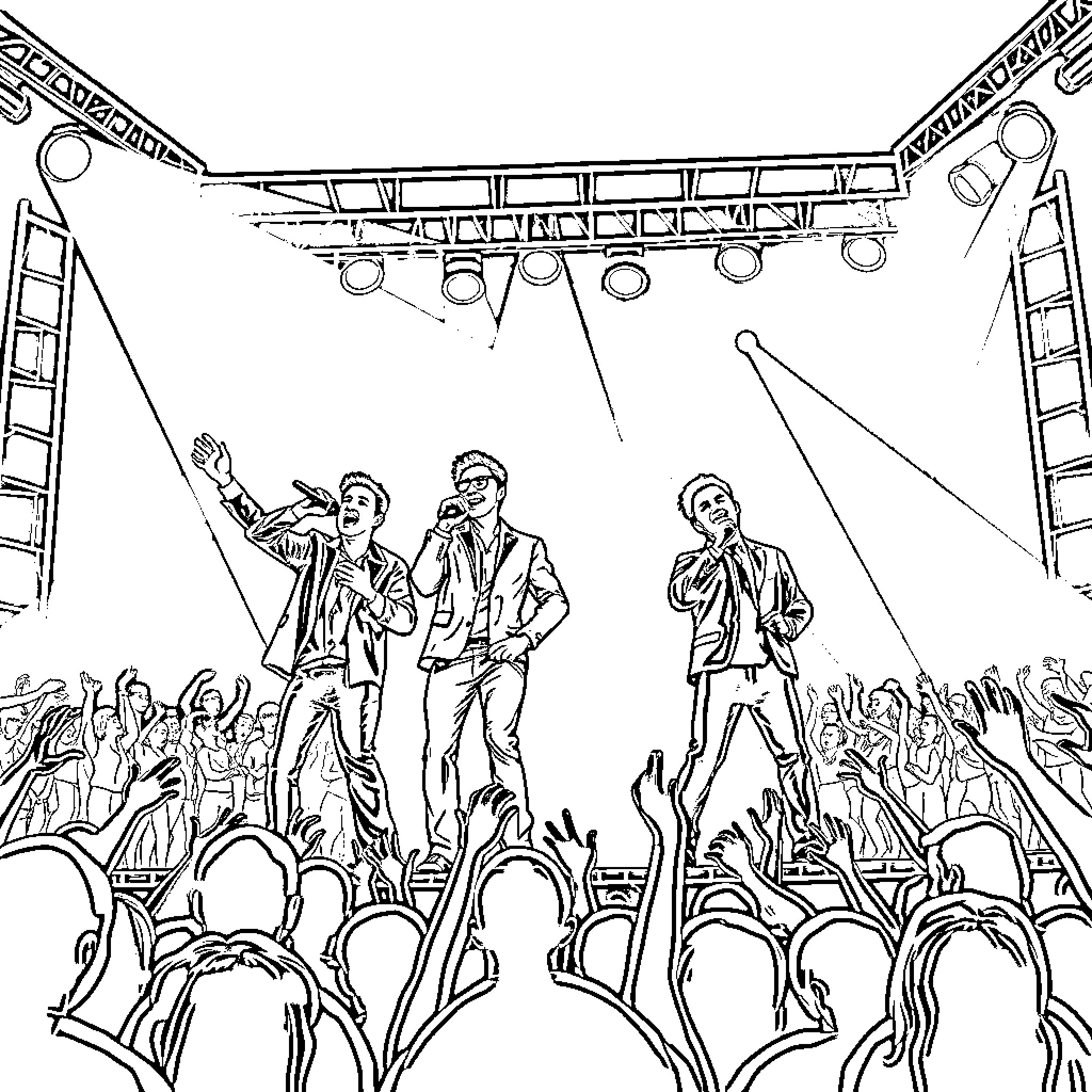 Backstreet Boys performing on stage before cheering fans Coloring Page (free black-and-white line drawing printable PDF for all, from beginners to advanced learners, including children, teens, adults, and seniors)
