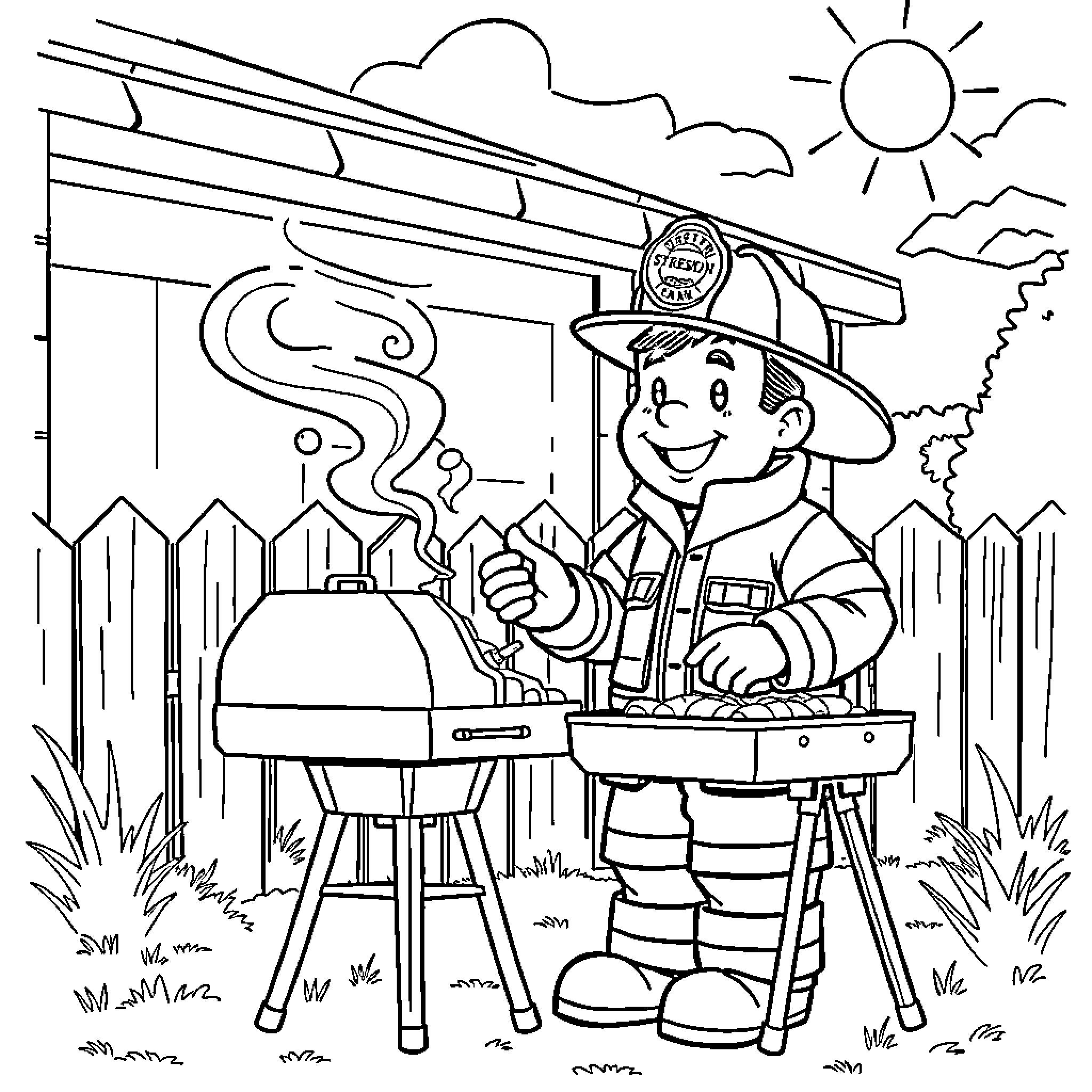 Fireman Sam Grilling Outdoors on a Sunny Day Coloring Page (free black-and-white line drawing printable PDF for all, from beginners to advanced learners, including children, teens, adults, and seniors)