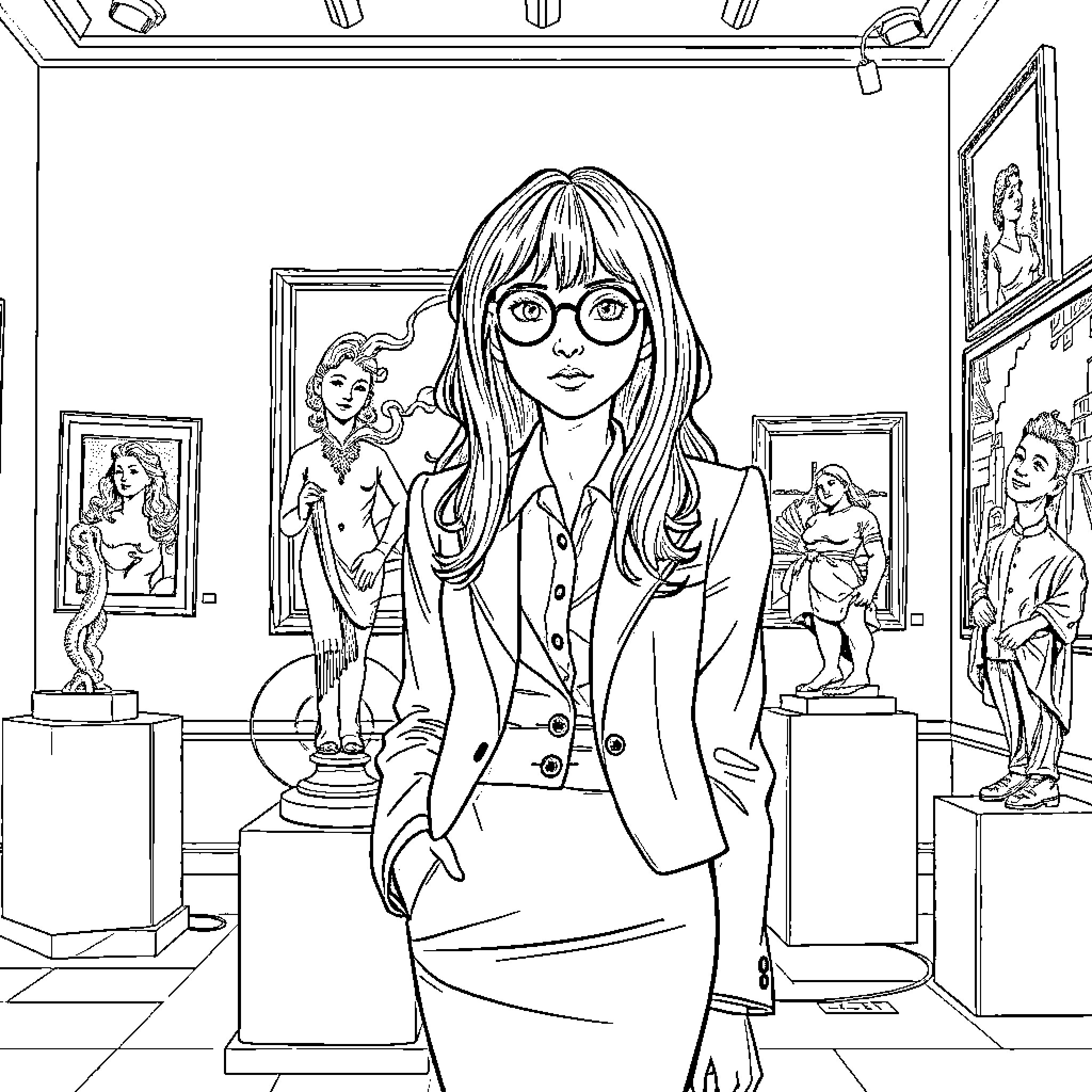 Girl exploring art museum surrounded by paintings Coloring Page (free black-and-white line drawing printable PDF for all, from beginners to advanced learners, including children, teens, adults, and seniors)