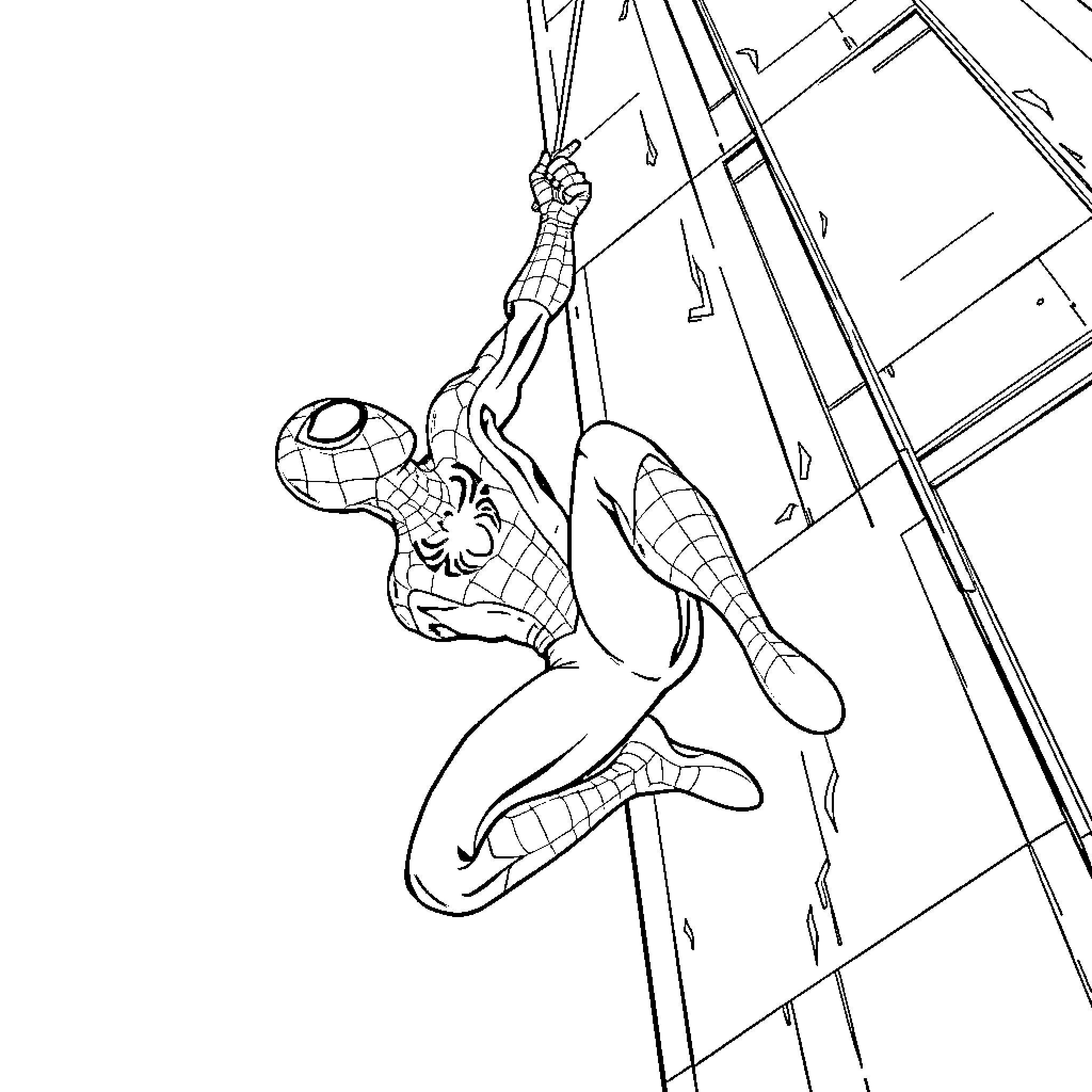 Spiderman swinging dynamically through the city Coloring Page (free black-and-white line drawing printable PDF for all, from beginners to advanced learners, including children, teens, adults, and seniors)