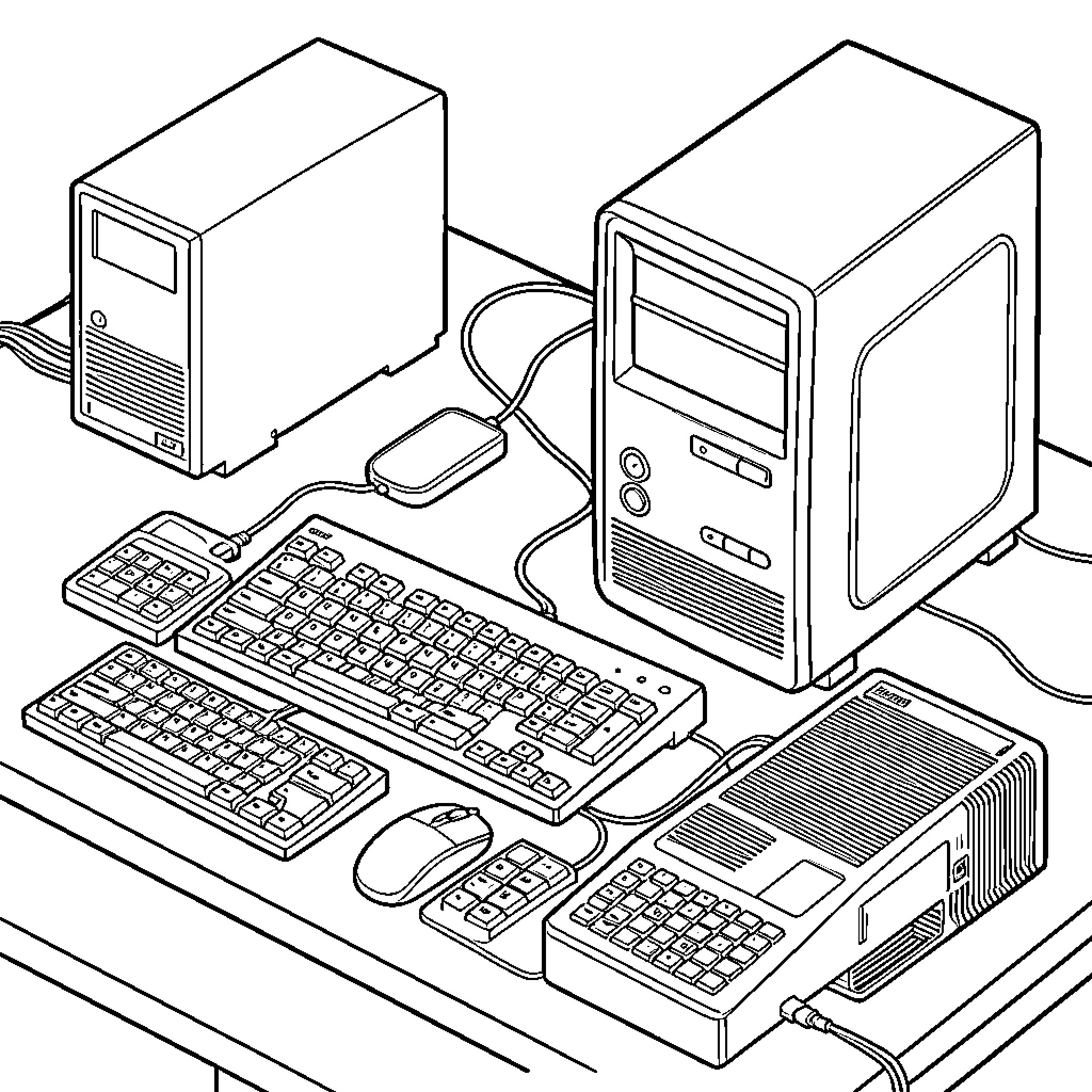 Computer workstations with keyboards and peripherals on a desk Coloring Page (free black-and-white line drawing printable PDF for all, from beginners to advanced learners, including children, teens, adults, and seniors)
