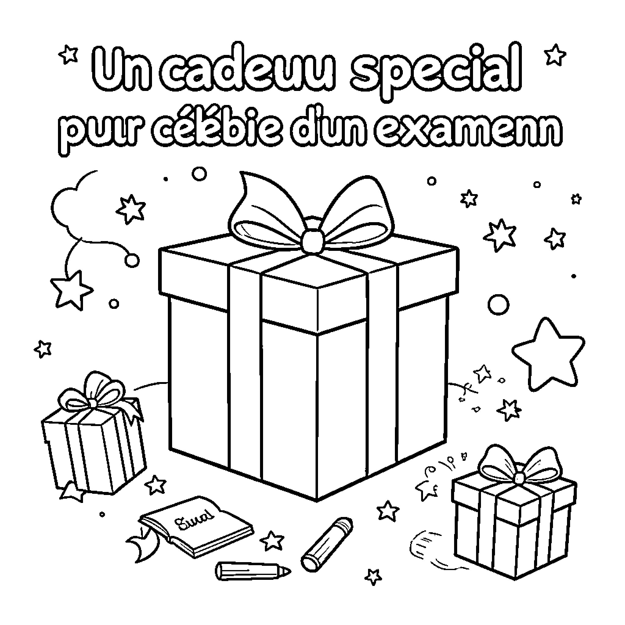Cadeau celebrating a special exam achievement with stars Coloring Page (free black-and-white line drawing printable PDF for all, from beginners to advanced learners, including children, teens, adults, and seniors)