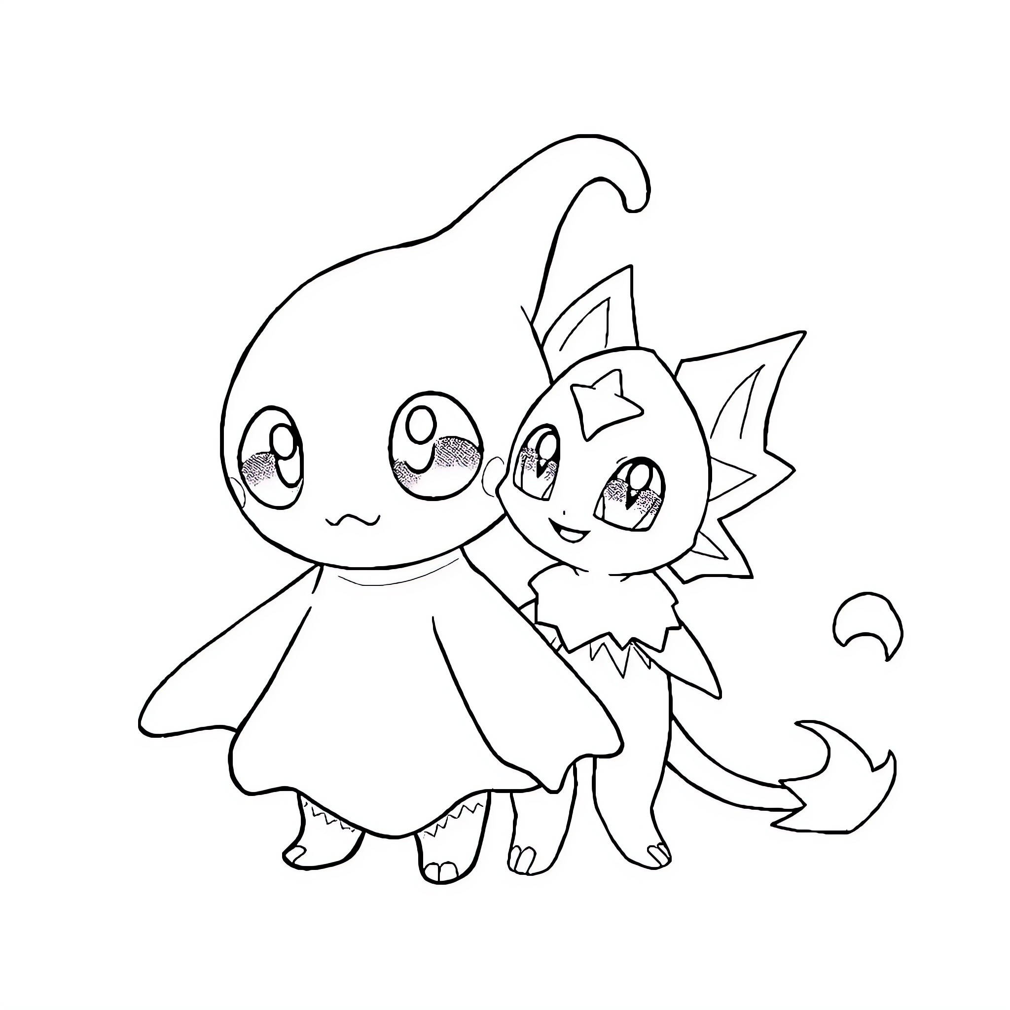 Pokémon-inspired Cartoon Characters in Playful Poses Coloring Page (free black-and-white line drawing printable PDF for all, from beginners to advanced learners, including children, teens, adults, and seniors)