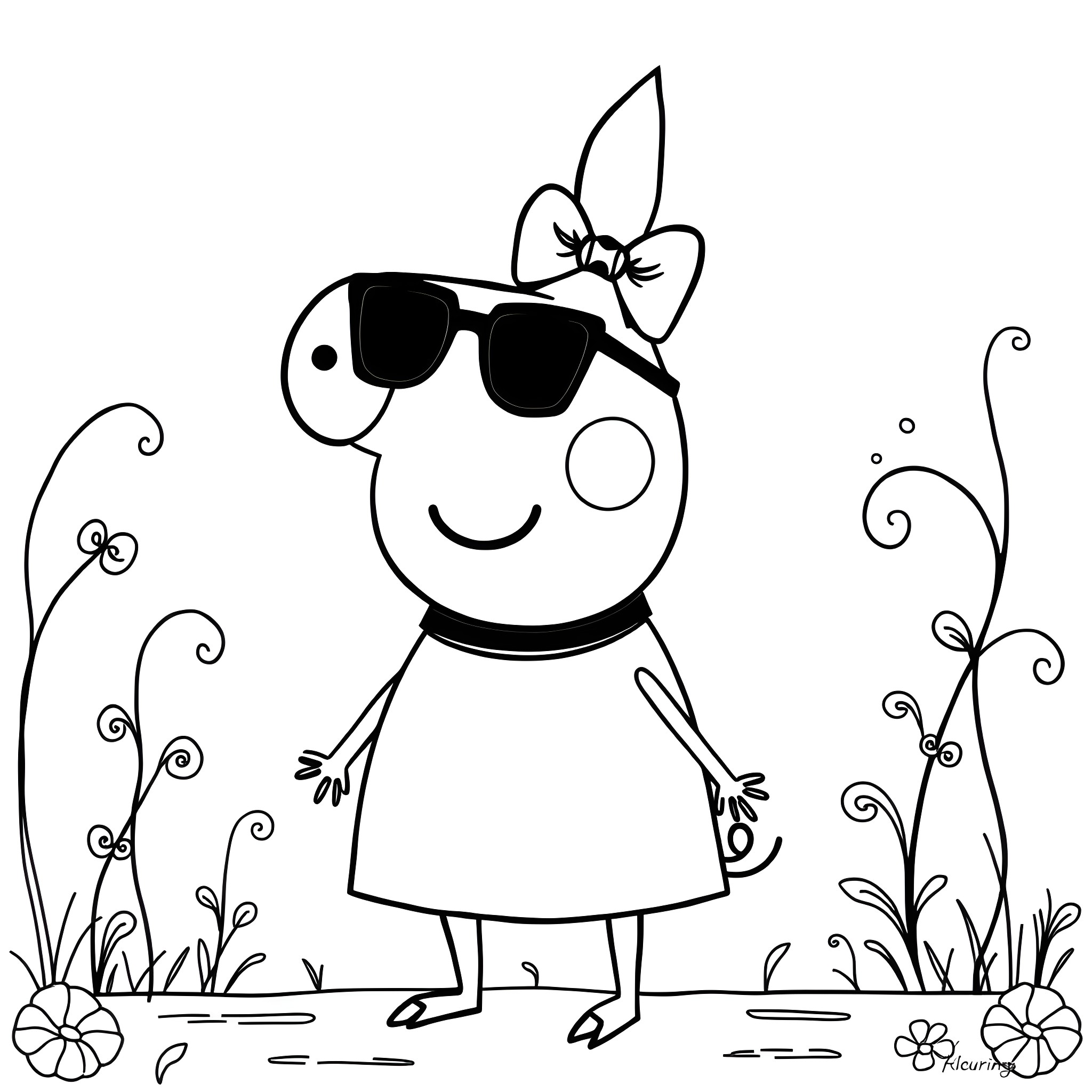 Peppa Pig wearing sunglasses in a garden Coloring Page (free black-and-white line drawing printable PDF for all, from beginners to advanced learners, including children, teens, adults, and seniors)