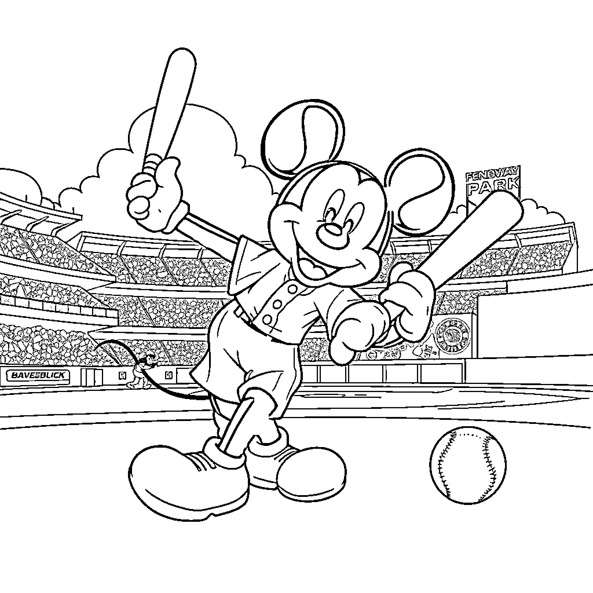 Mickey Mouse playing baseball in stadium Coloring Page (free black-and-white line drawing printable PDF for all, from beginners to advanced learners, including children, teens, adults, and seniors)