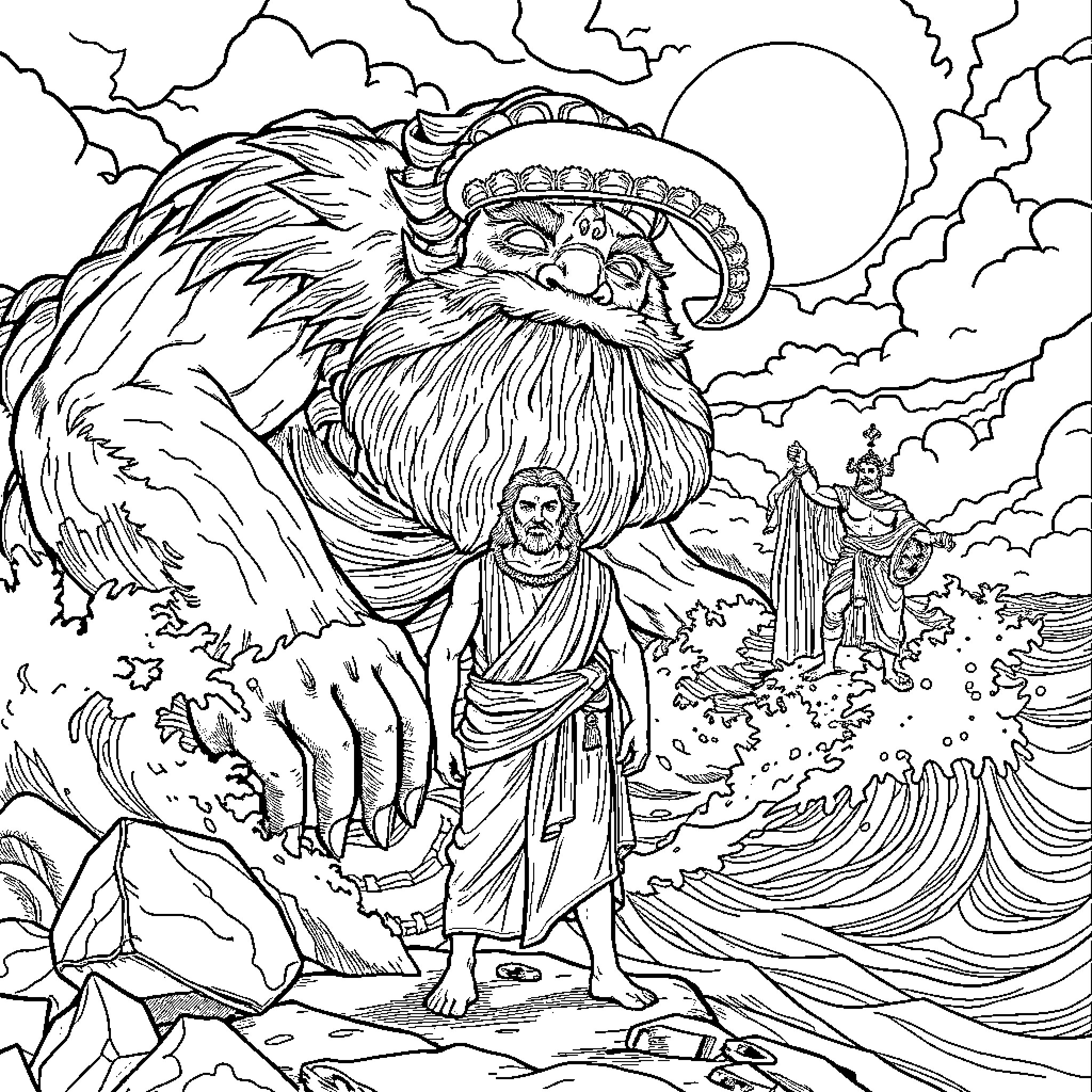 Odysseus faces the Cyclops in a mythical landscape Coloring Page (free black-and-white line drawing printable PDF for all, from beginners to advanced learners, including children, teens, adults, and seniors)