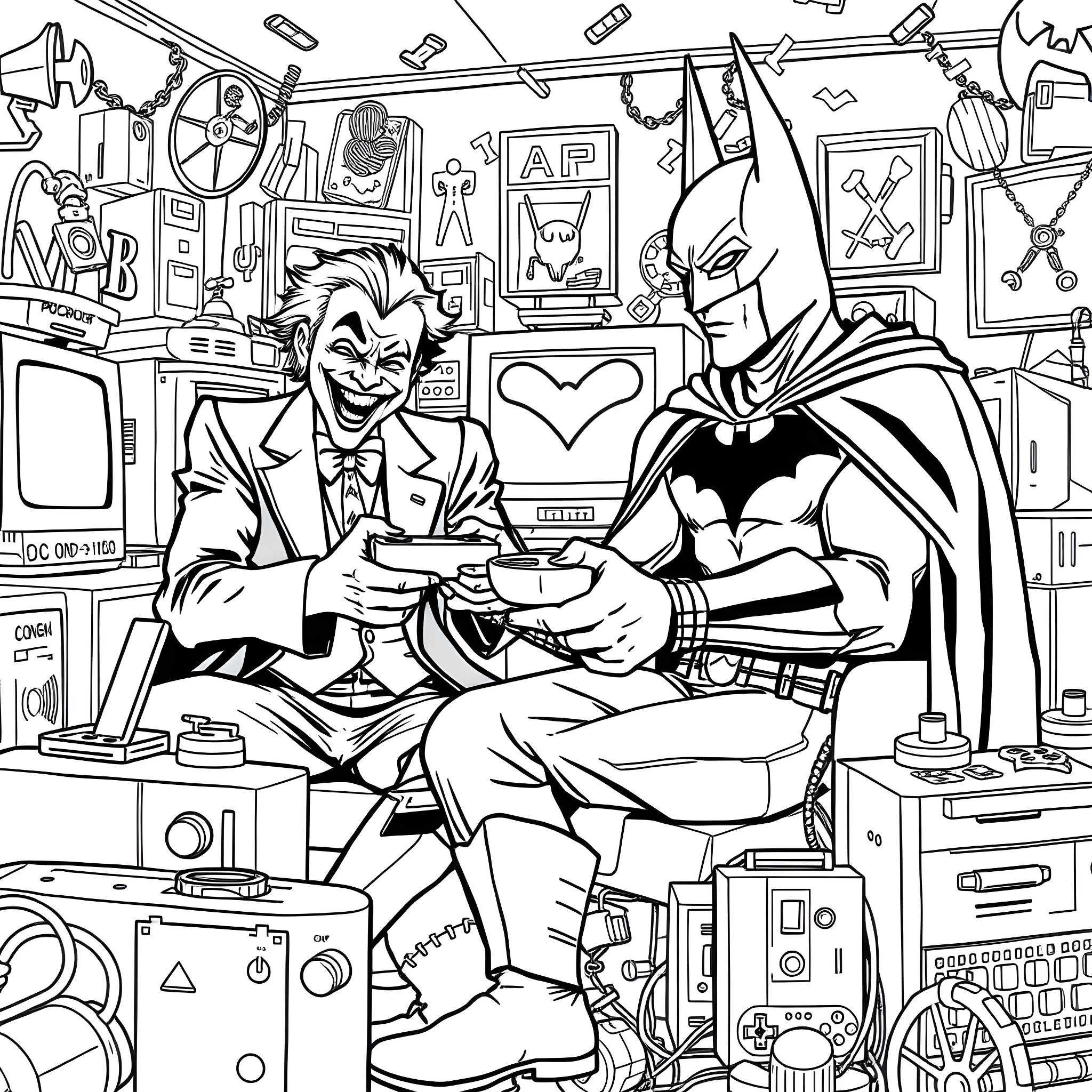 Joker and Batman playing video games in a cluttered workshop Coloring Page (free black-and-white line drawing printable PDF for all, from beginners to advanced learners, including children, teens, adults, and seniors)