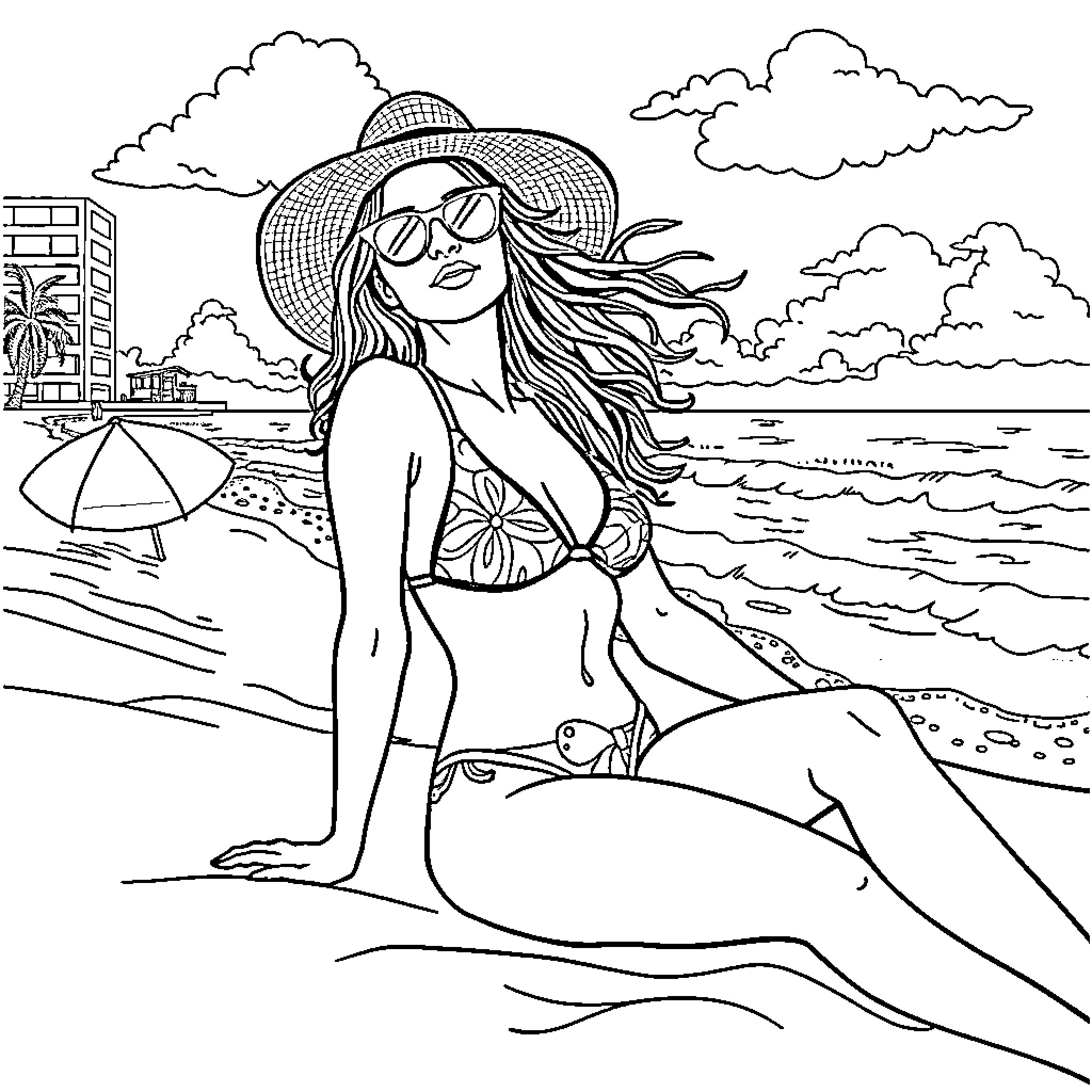Woman relaxing on the beach in summer attire Coloring Page (free black-and-white line drawing printable PDF for all, from beginners to advanced learners, including children, teens, adults, and seniors)