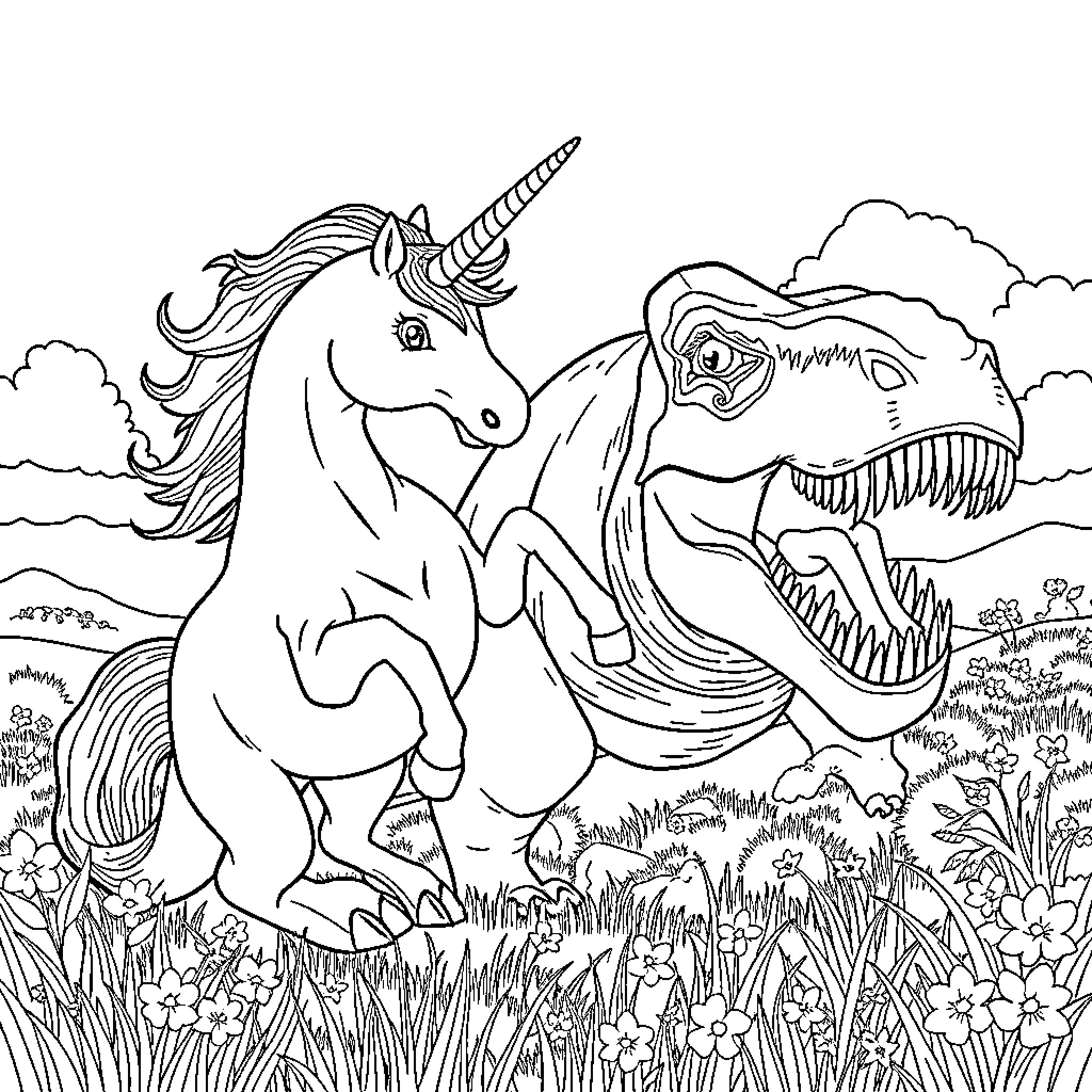 Unicorn facing a fearsome dinosaur in a lush meadow Coloring Page (free black-and-white line drawing printable PDF for all, from beginners to advanced learners, including children, teens, adults, and seniors)