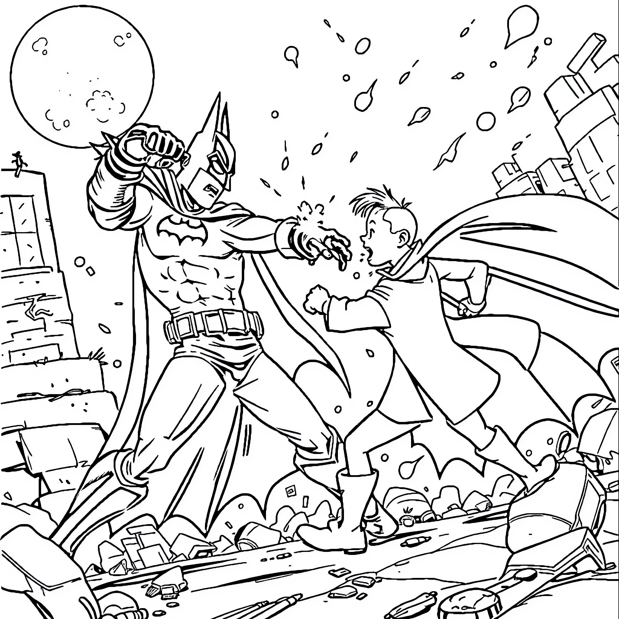 Tintin battles a formidable foe in a chaotic cityscape Coloring Page (free black-and-white line drawing printable PDF for all, from beginners to advanced learners, including children, teens, adults, and seniors)