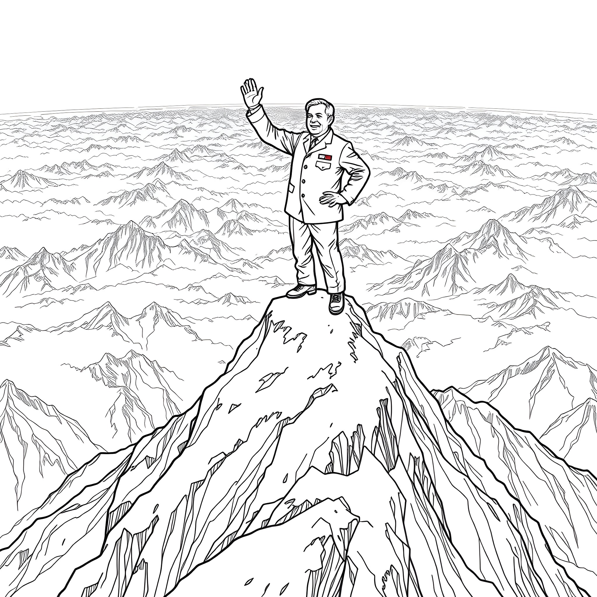 Sir Edmund Hillary triumphantly standing atop a snowy mountain peak Coloring Page (free black-and-white line drawing printable PDF for all, from beginners to advanced learners, including children, teens, adults, and seniors)