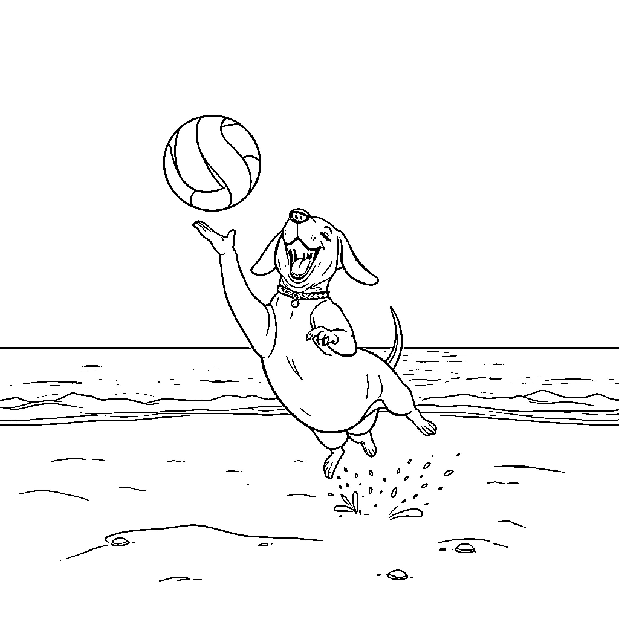 Dachshund playing joyfully with beach ball Coloring Page (free black-and-white line drawing printable PDF for all, from beginners to advanced learners, including children, teens, adults, and seniors)