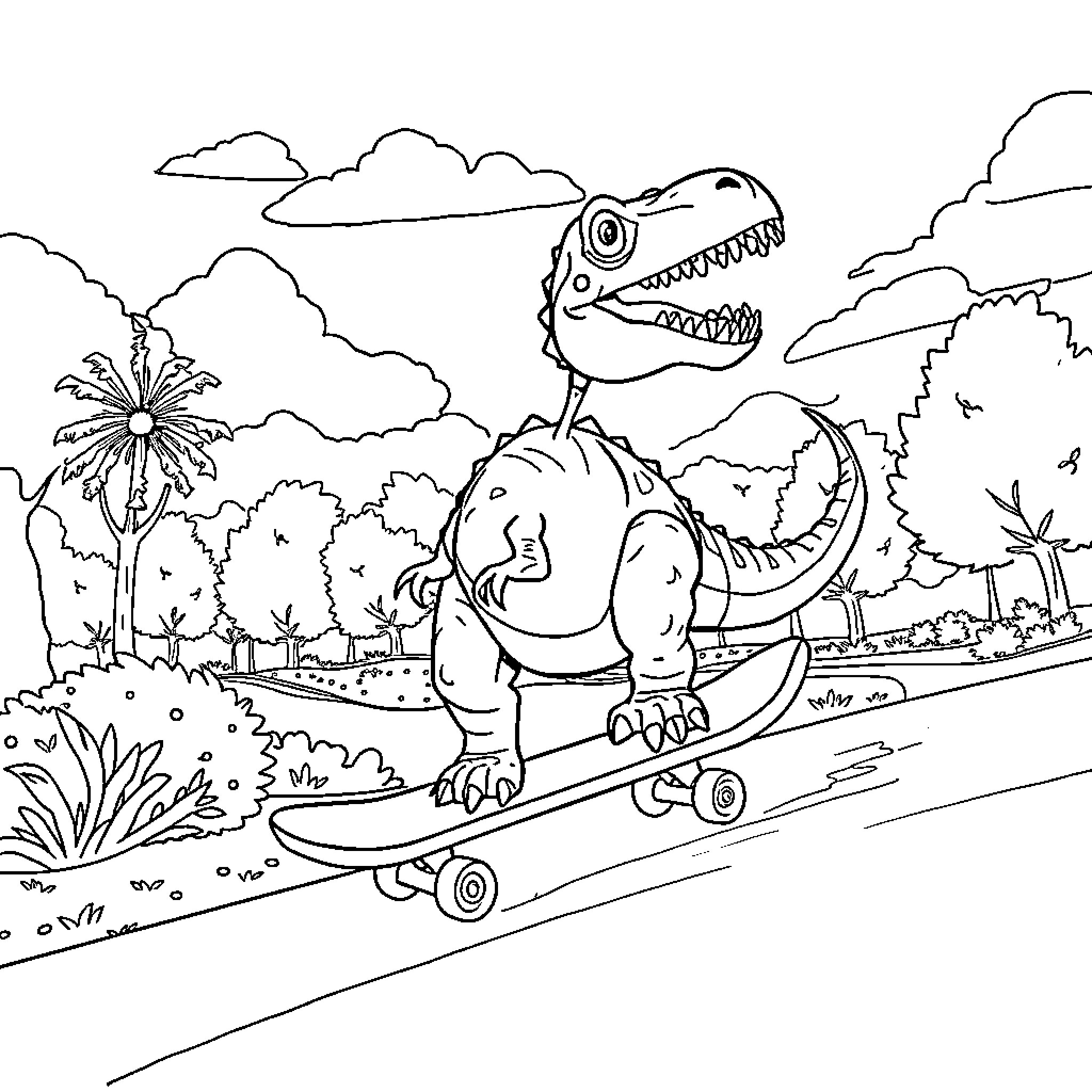 Denver Dinosaur Riding Skateboard through Tropical Park Coloring Page (free black-and-white line drawing printable PDF for all, from beginners to advanced learners, including children, teens, adults, and seniors)