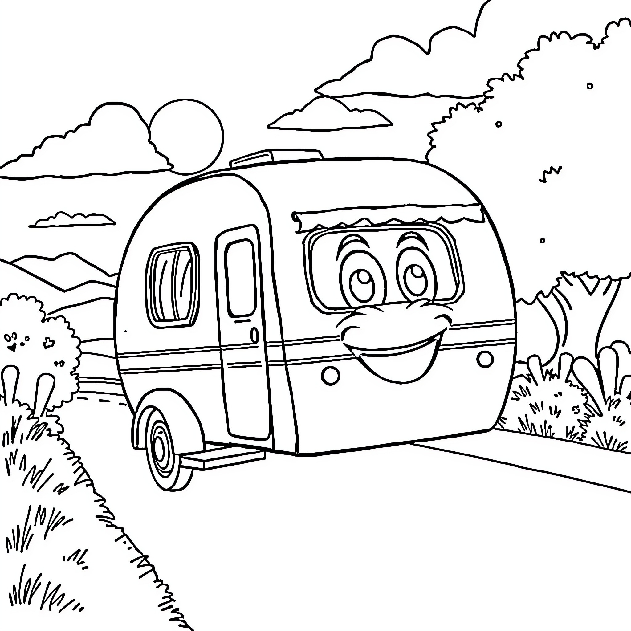 Caravan traveling happily through the countryside Coloring Page (free black-and-white line drawing printable PDF for all, from beginners to advanced learners, including children, teens, adults, and seniors)