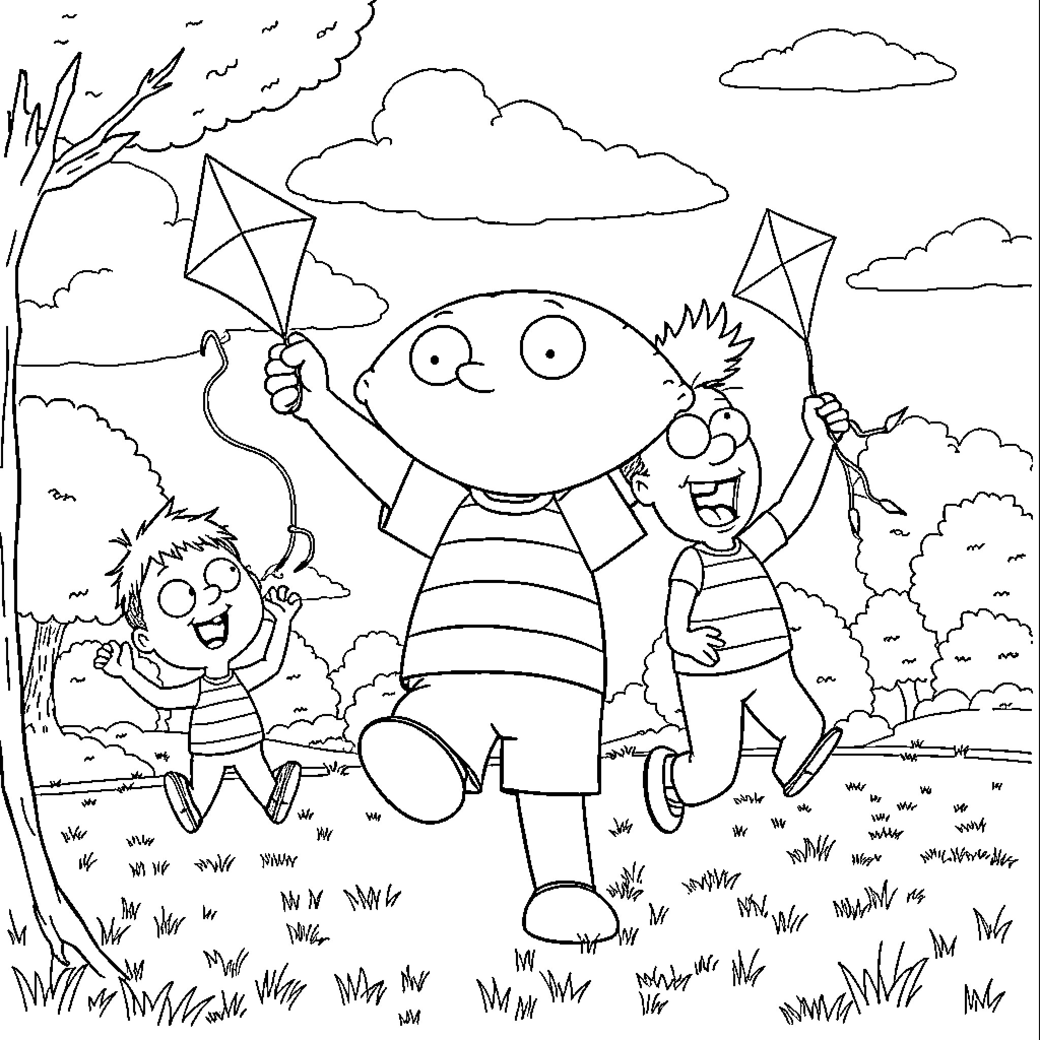 Stewie and friends flying kites on a windy day Coloring Page (free black-and-white line drawing printable PDF for all, from beginners to advanced learners, including children, teens, adults, and seniors)
