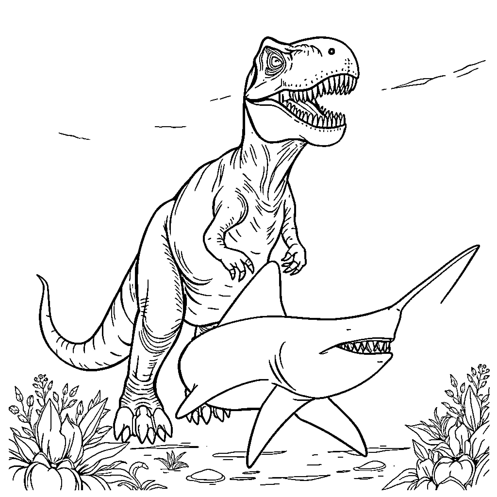 Trex and Shark in Prehistoric Scene Coloring Page (free black-and-white line drawing printable PDF for all, from beginners to advanced learners, including children, teens, adults, and seniors)
