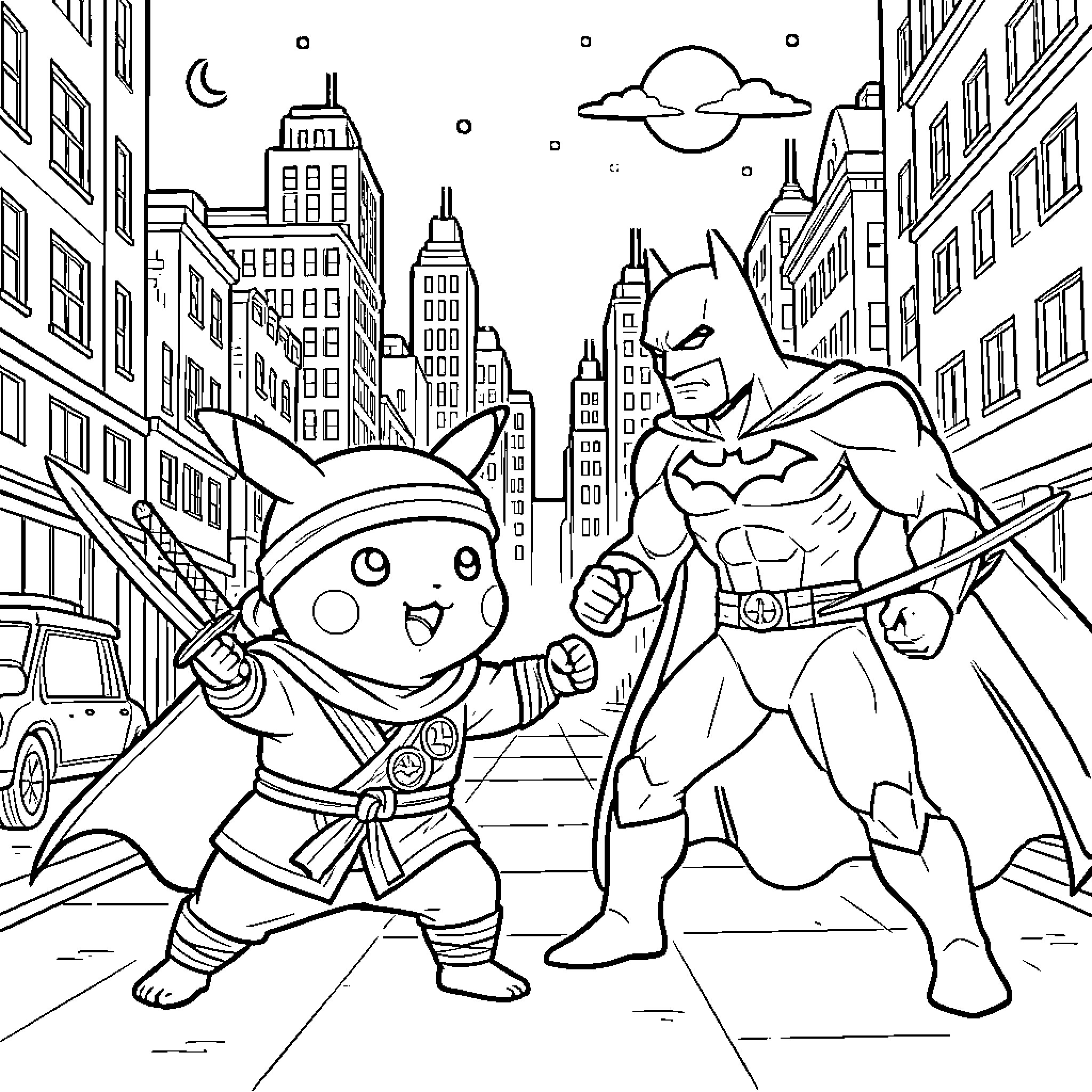 Pikachu dressed as a warrior facing off against Batman Coloring Page (free black-and-white line drawing printable PDF for all, from beginners to advanced learners, including children, teens, adults, and seniors)
