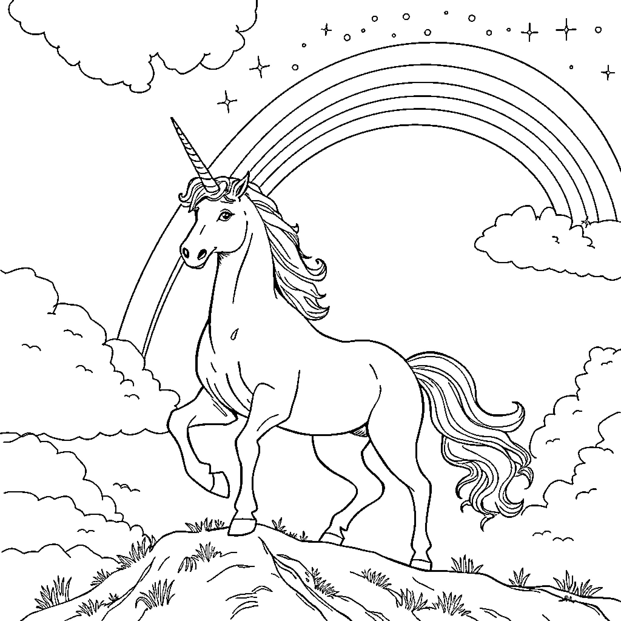 Unicorn prancing under a rainbow in a whimsical landscape Coloring Page (free black-and-white line drawing printable PDF for all, from beginners to advanced learners, including children, teens, adults, and seniors)
