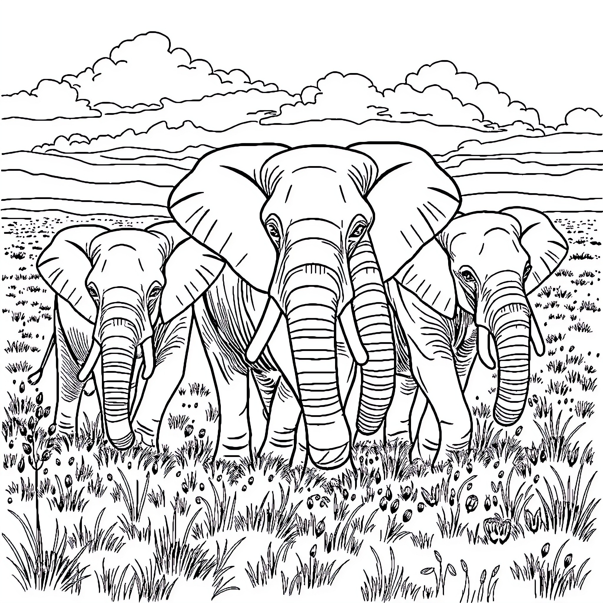 Elephant herd roaming through the savanna landscape Coloring Page (free black-and-white line drawing printable PDF for all, from beginners to advanced learners, including children, teens, adults, and seniors)