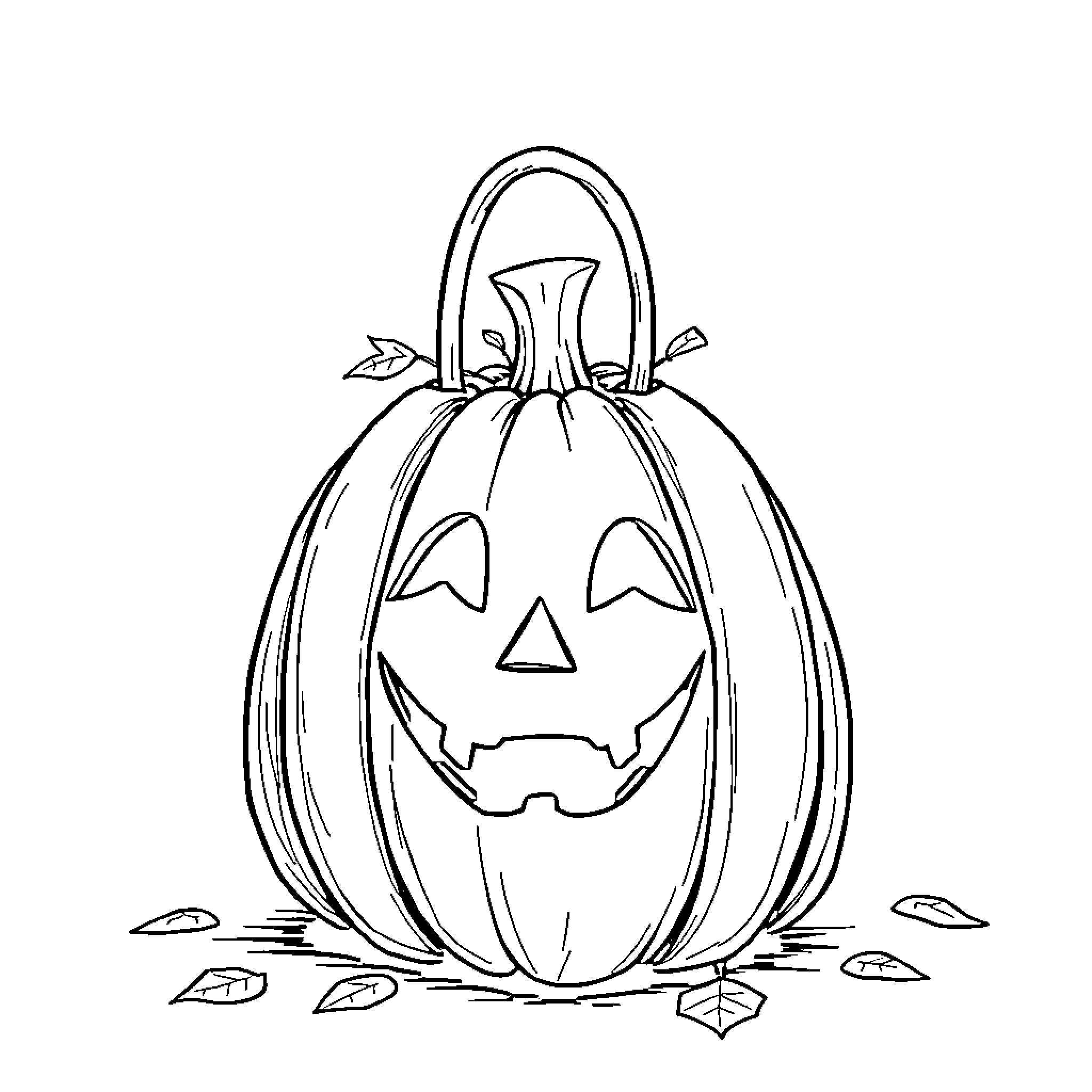 Pumpkin Jack-O'-Lantern with Carved Face Coloring Page (free black-and-white line drawing printable PDF for all, from beginners to advanced learners, including children, teens, adults, and seniors)