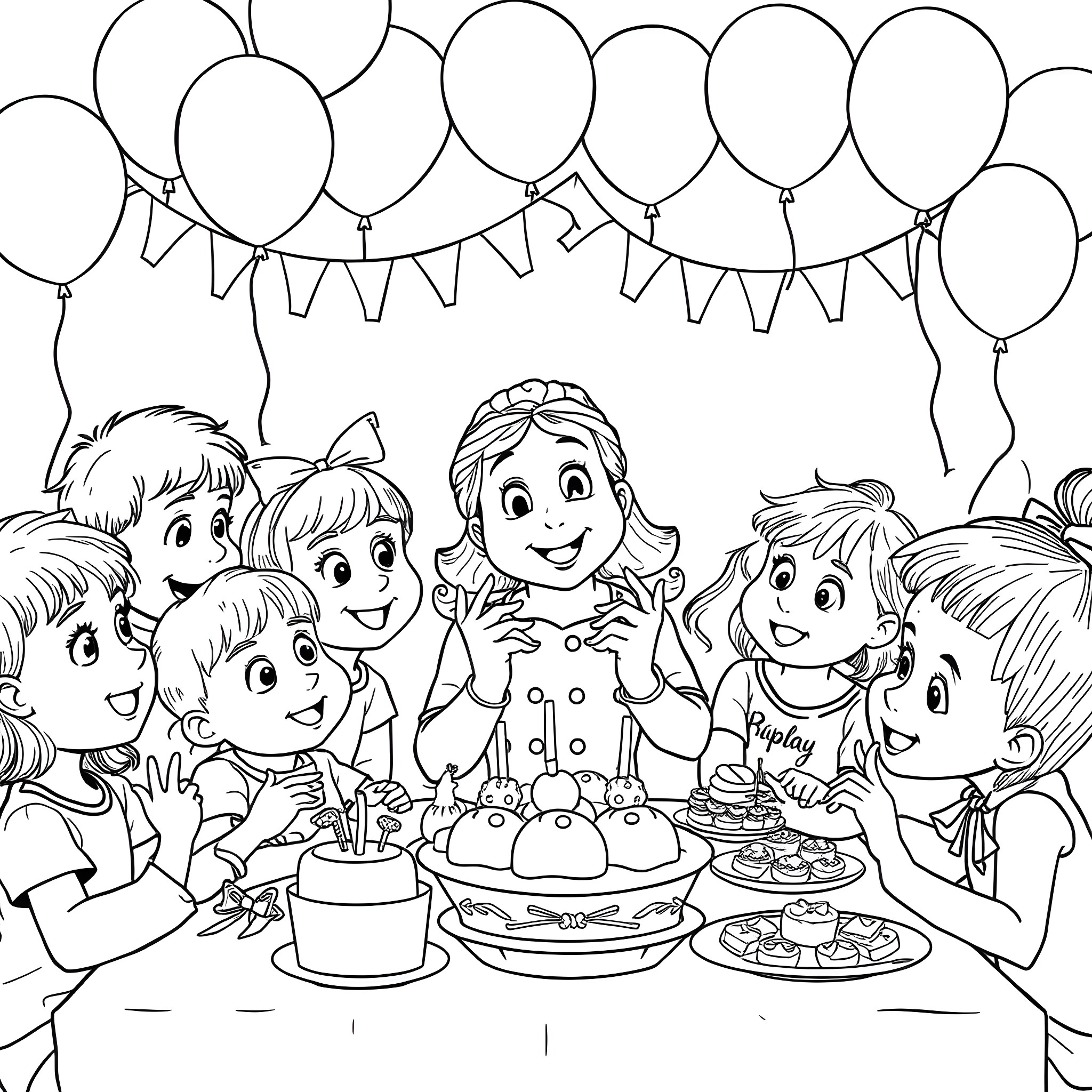 Pippi's Lively Birthday Celebration with Friends Coloring Page (free black-and-white line drawing printable PDF for all, from beginners to advanced learners, including children, teens, adults, and seniors)