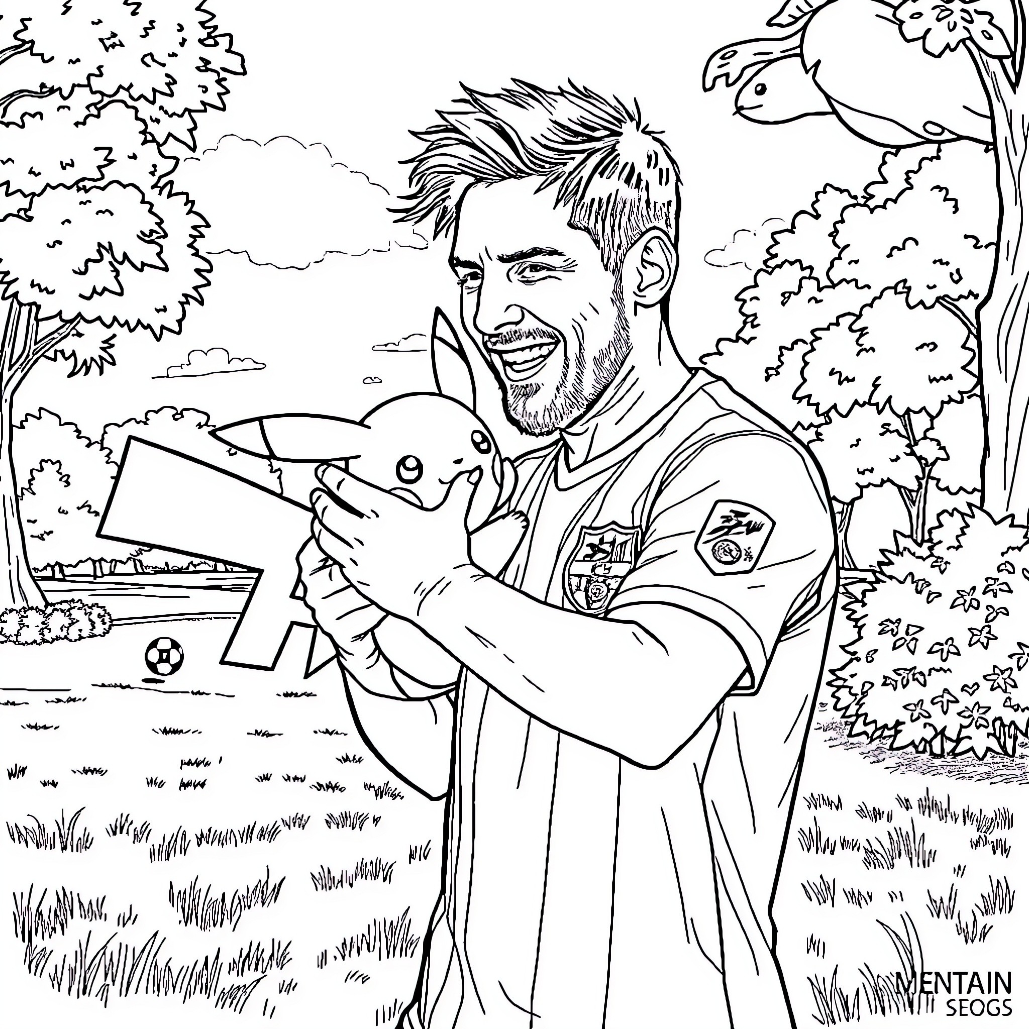 Lionel Messi playing with a pet in a natural setting Coloring Page (free black-and-white line drawing printable PDF for all, from beginners to advanced learners, including children, teens, adults, and seniors)