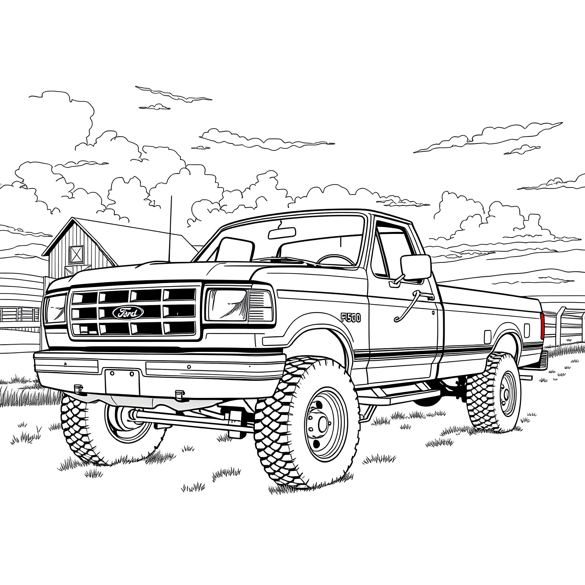 F-250 Pickup Truck on Rugged Terrain Coloring Page (free black-and-white line drawing printable PDF for all, from beginners to advanced learners, including children, teens, adults, and seniors)